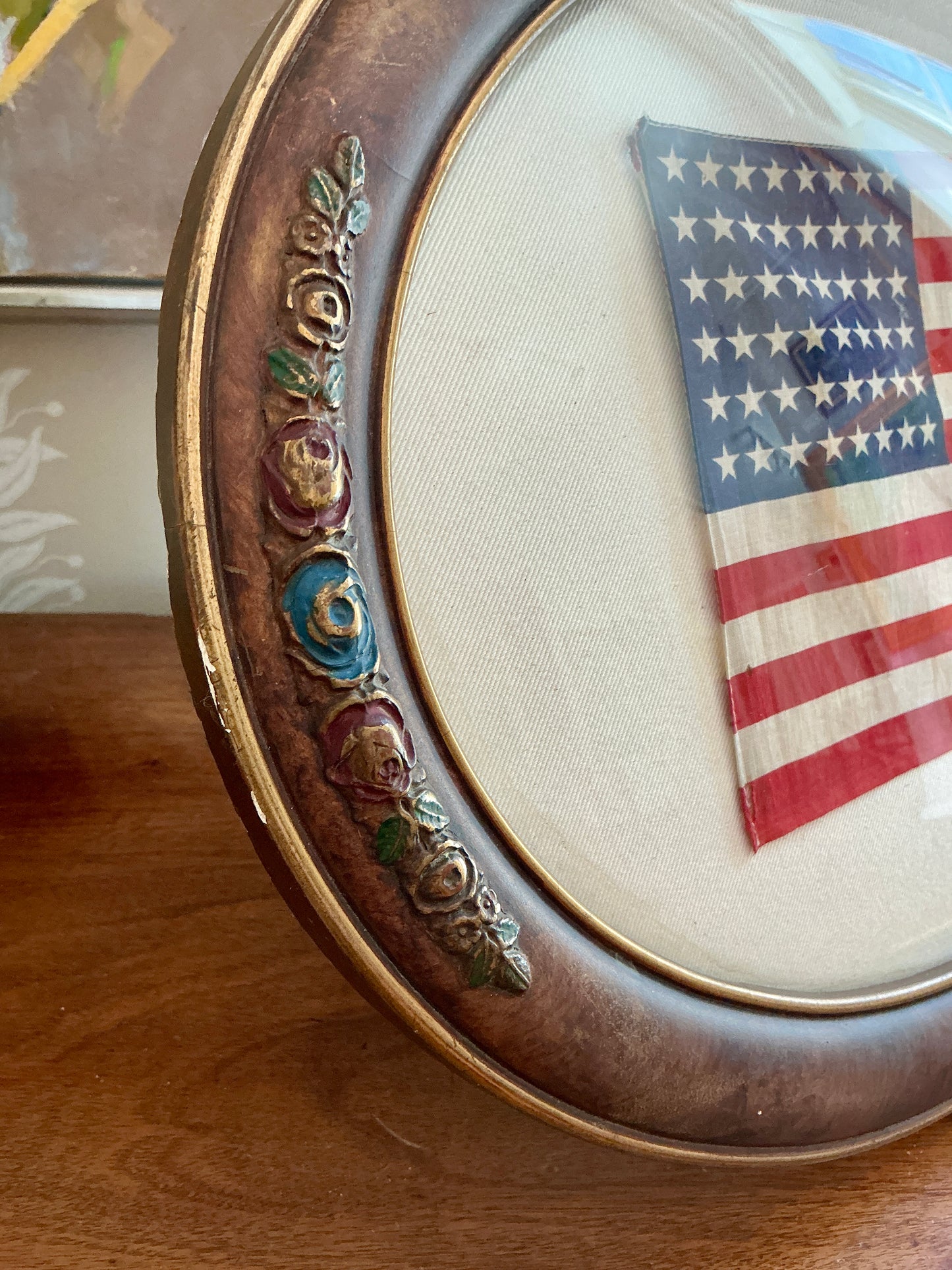 Vintage 48 Star American Flag on Sail Cloth in 1930s Oval Wood and Gilded Frame under Convex Glass