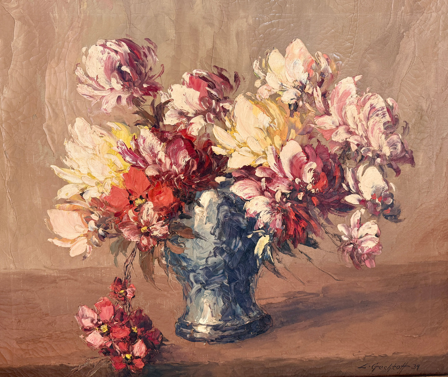 Leonid Gechtoff 1939 Flowers in the Blue Vase Still Life Oil Painting in Gold Frame
