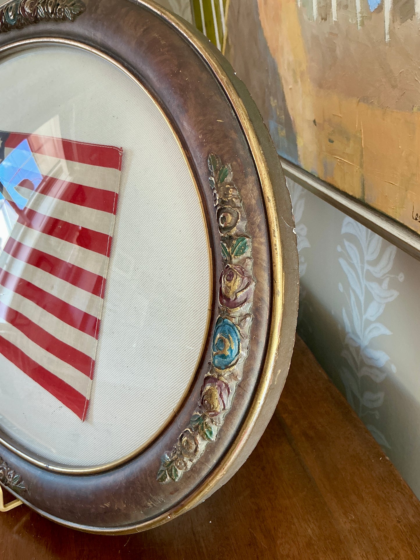 Vintage 48 Star American Flag on Sail Cloth in 1930s Oval Wood and Gilded Frame under Convex Glass