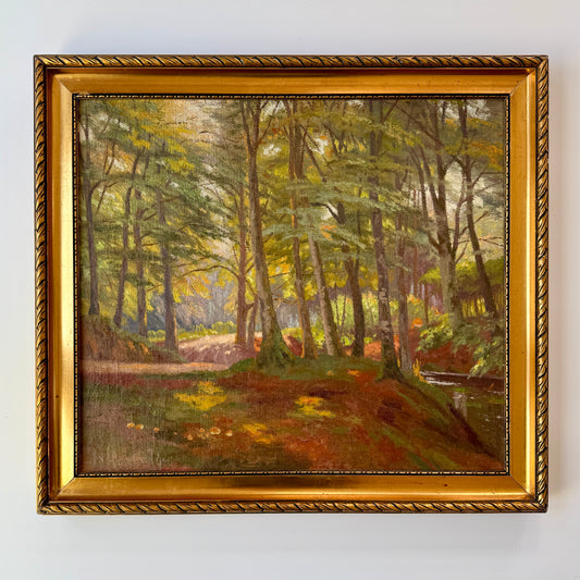 Vintage Sunlit Landscape Forest Opening Oil Painting on Canvas in Gold Frame