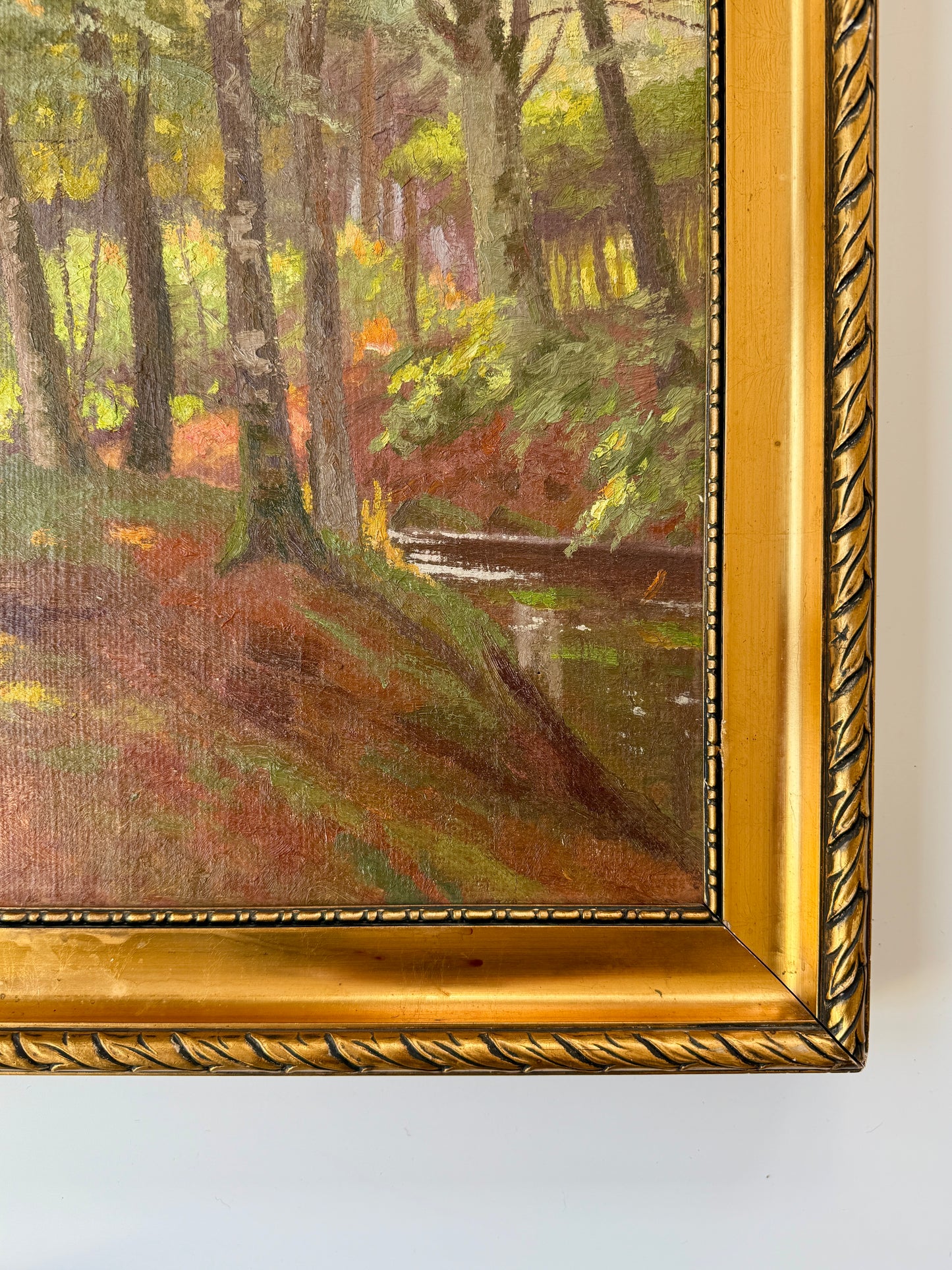 Vintage Sunlit Landscape Forest Opening Oil Painting on Canvas in Gold Frame