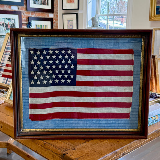 49 Star Flag on Blue and Navy Pinstripe in 19th Century Wood and Gilded Frame