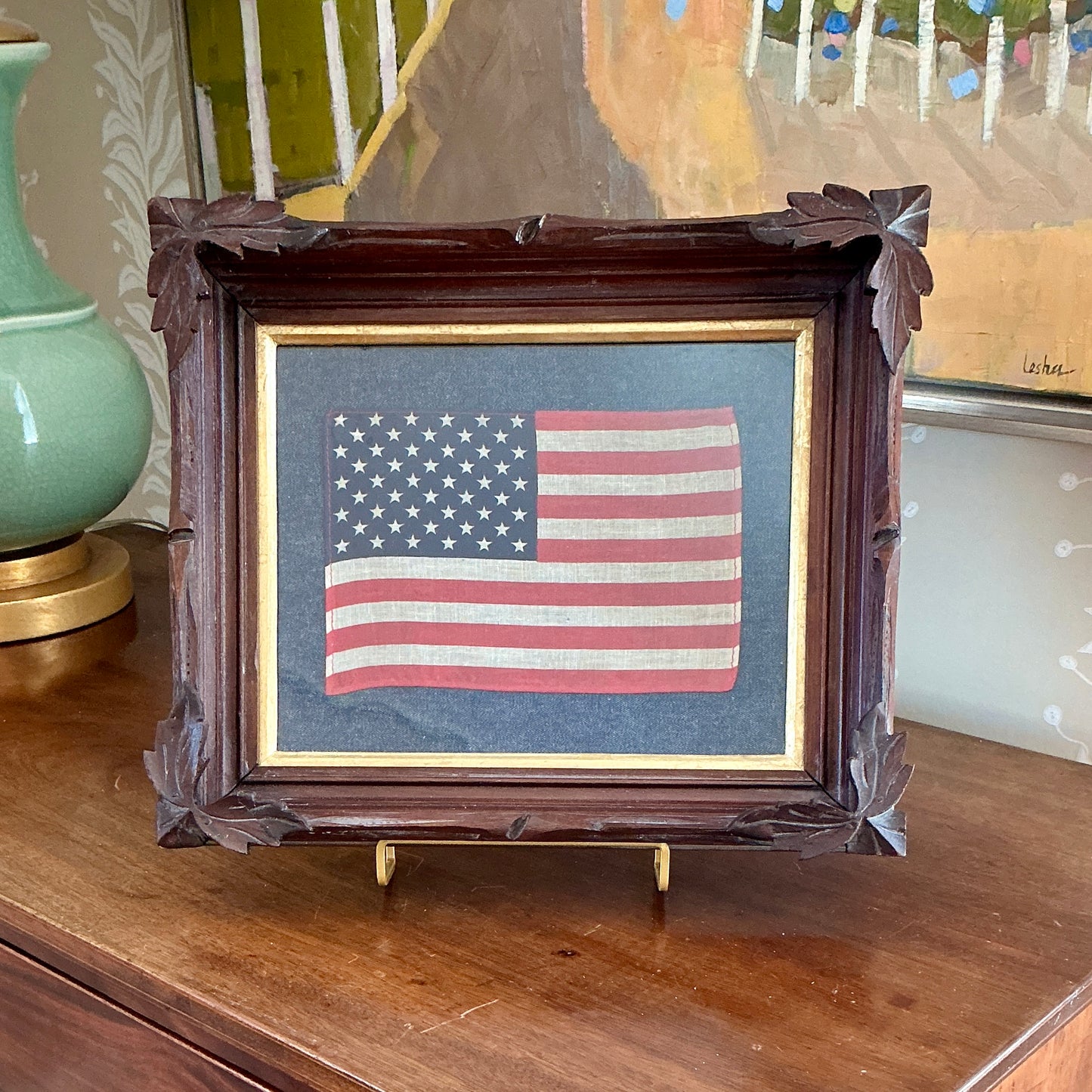 Vintage 50 Star American Flag on Dark Chambray in 19th Century Walnut Carved Leaf Frame