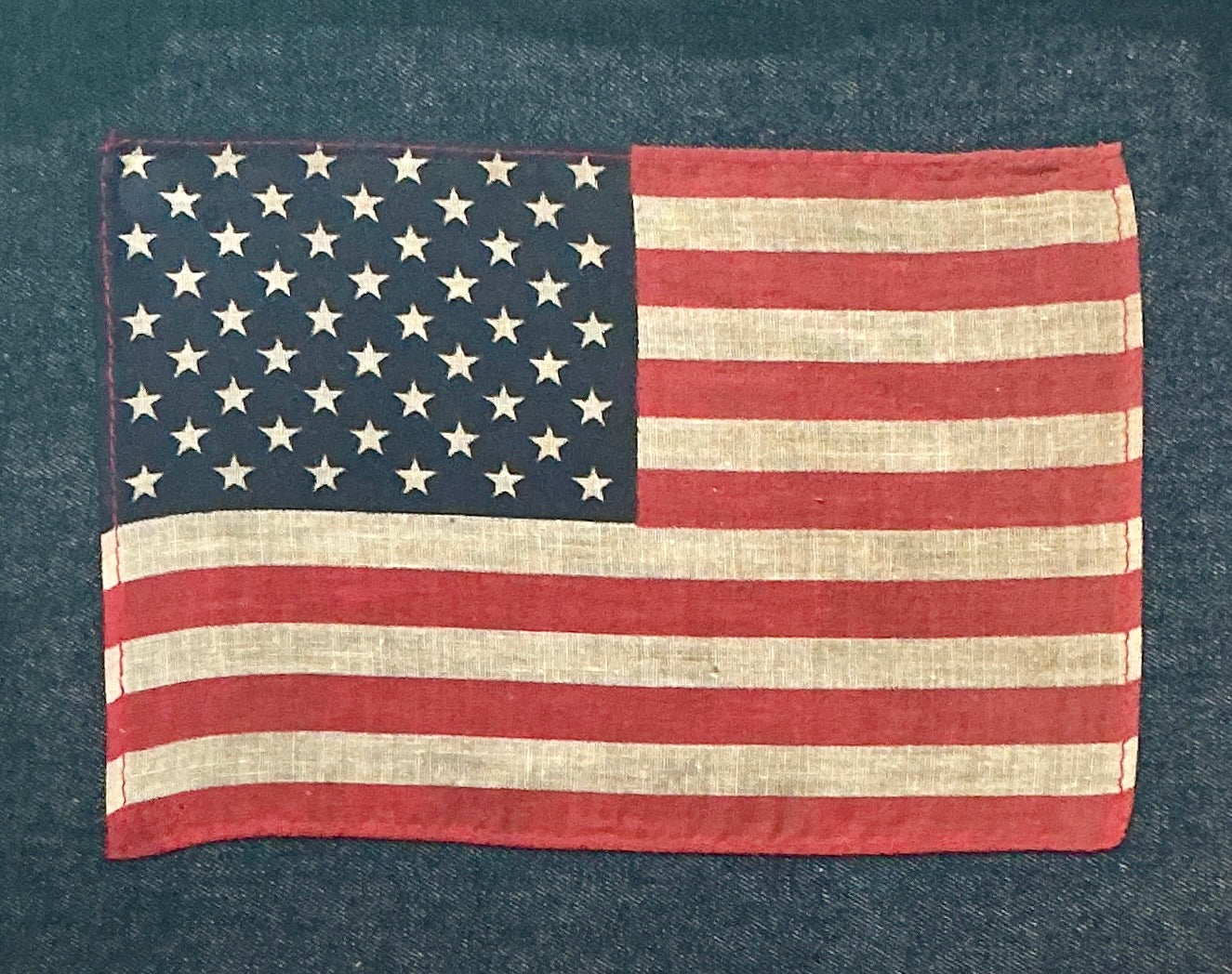 Vintage 50 Star American Flag on Dark Chambray in 19th Century Walnut Carved Leaf Frame