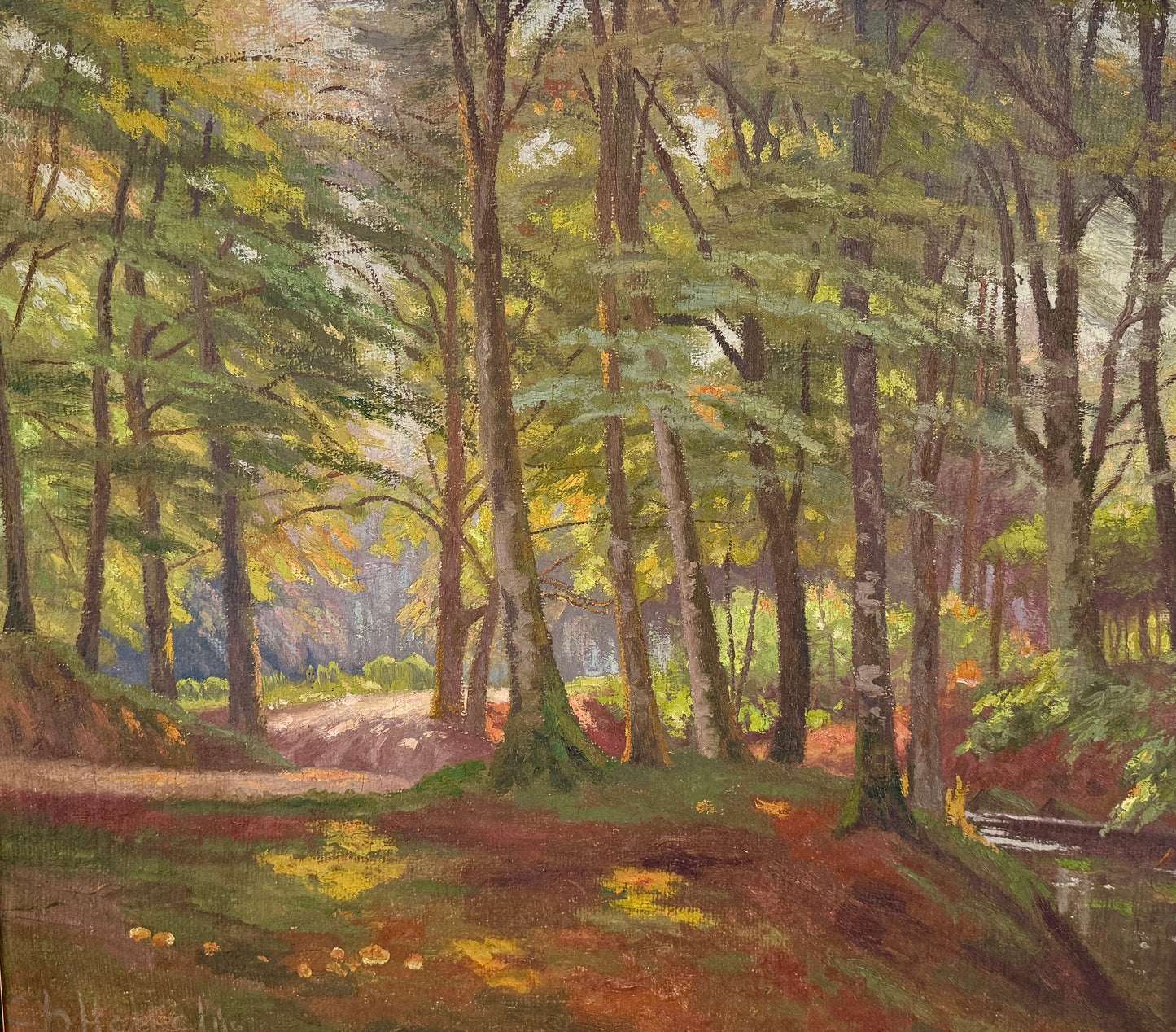Vintage Sunlit Landscape Forest Opening Oil Painting on Canvas in Gold Frame