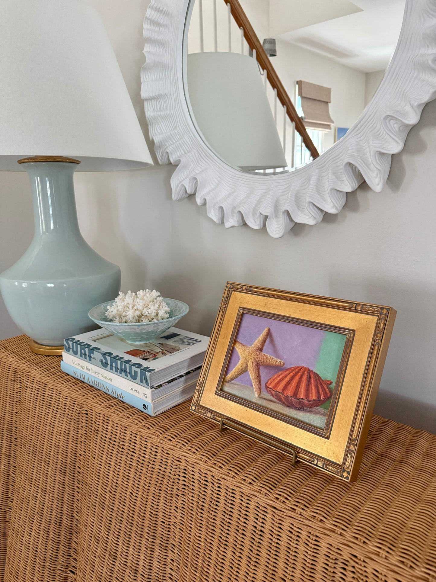 Summer Brights Starfish and Scallop Shell Still Life Oil Painting in Gold Frame