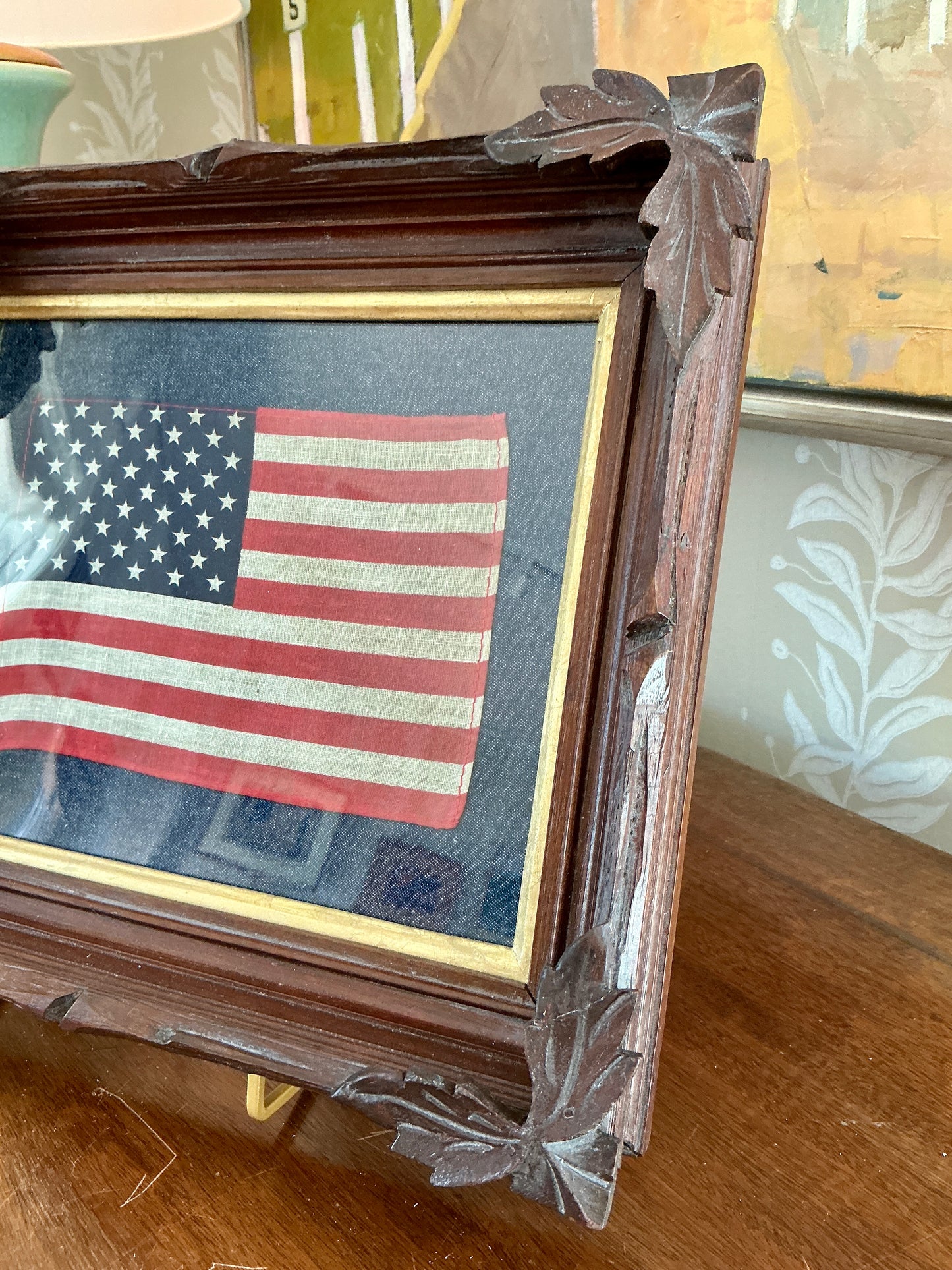 Vintage 50 Star American Flag on Dark Chambray in 19th Century Walnut Carved Leaf Frame