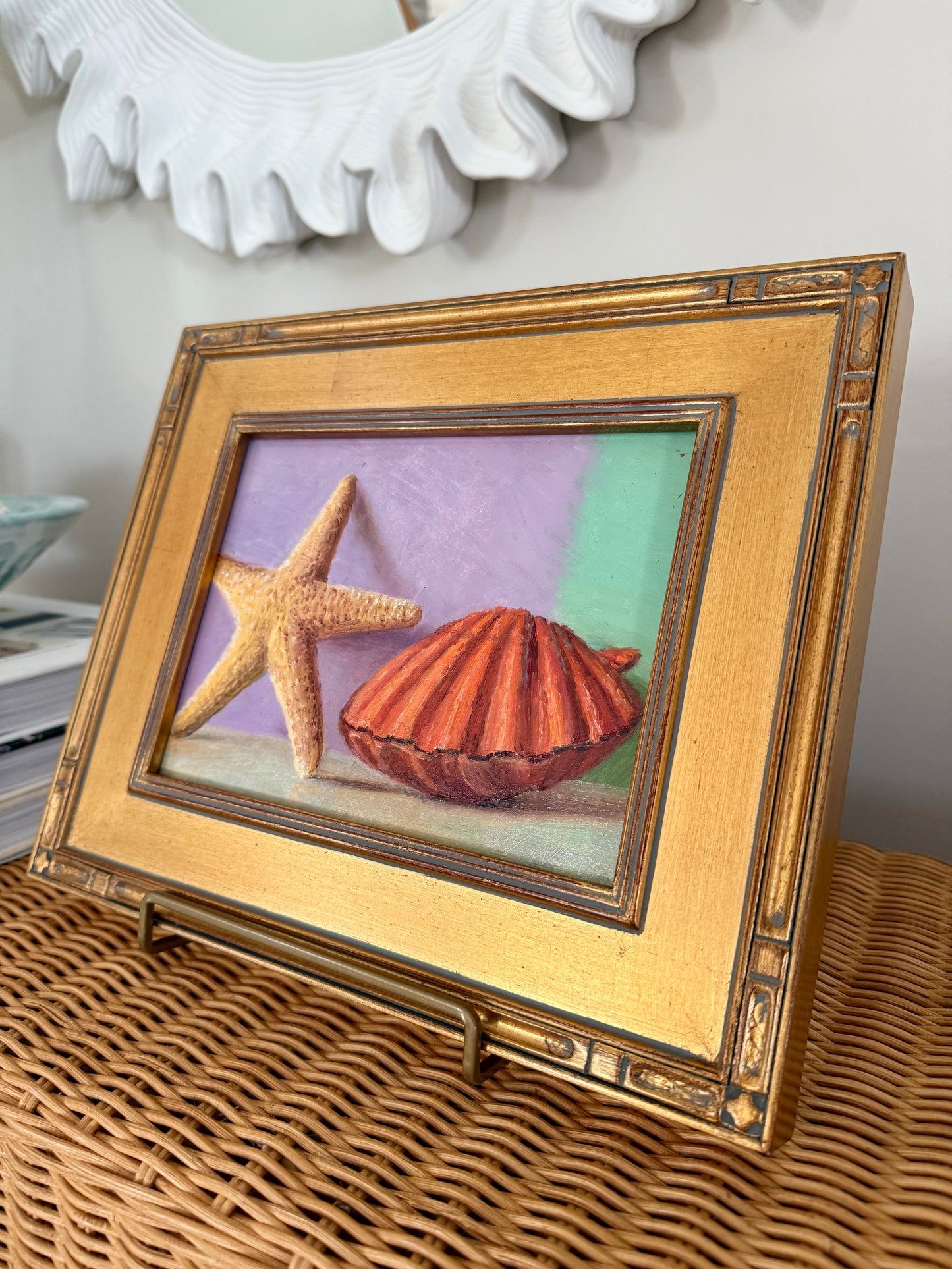 Summer Brights Starfish and Scallop Shell Still Life Oil Painting in Gold Frame
