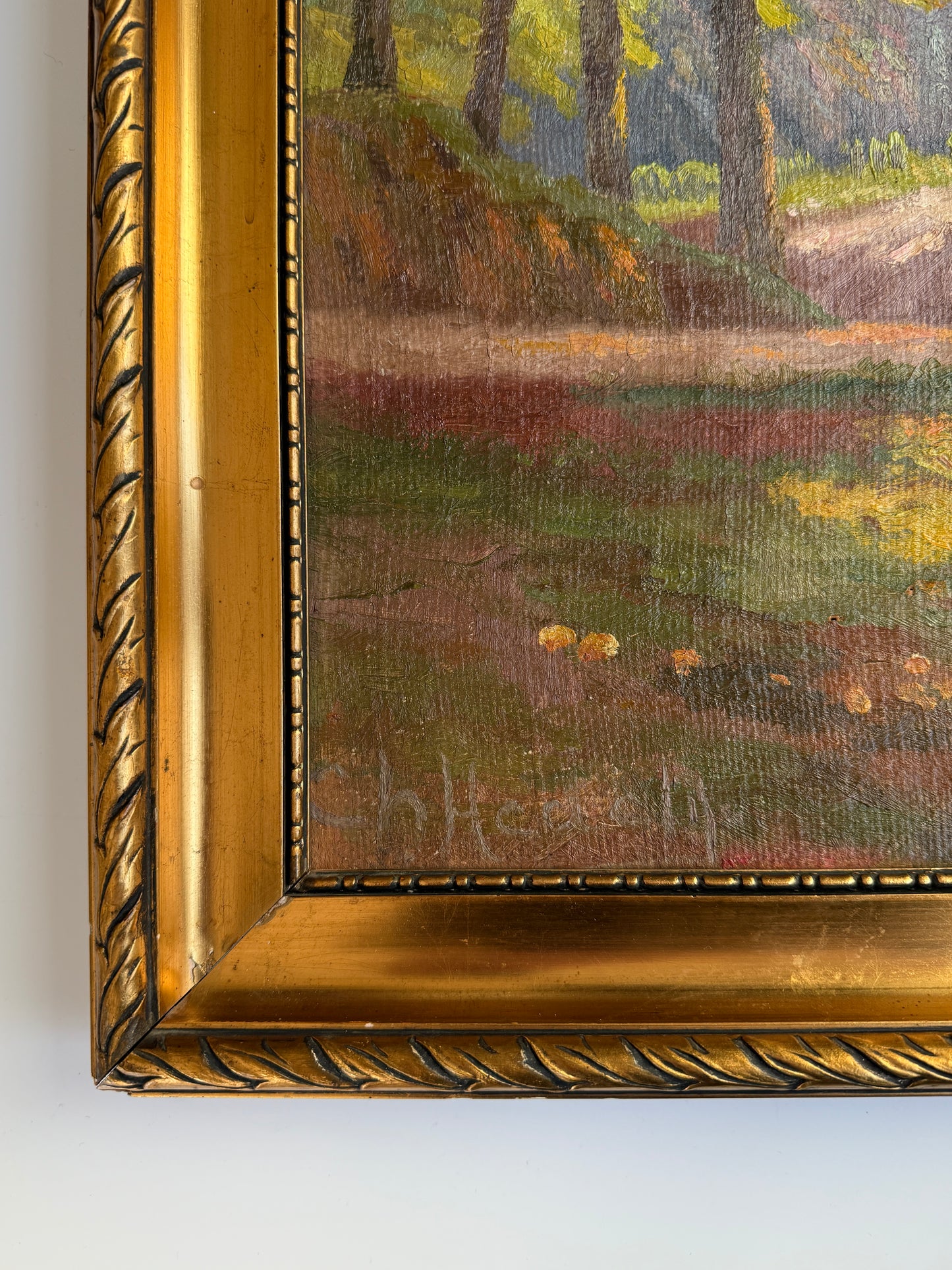 Vintage Sunlit Landscape Forest Opening Oil Painting on Canvas in Gold Frame