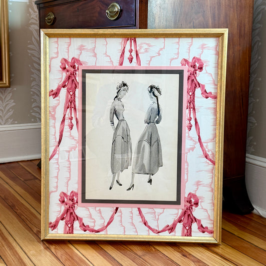 Catherine Figart Watercolor Fashion Illustration on Pink Bows in Vintage Gold Frame