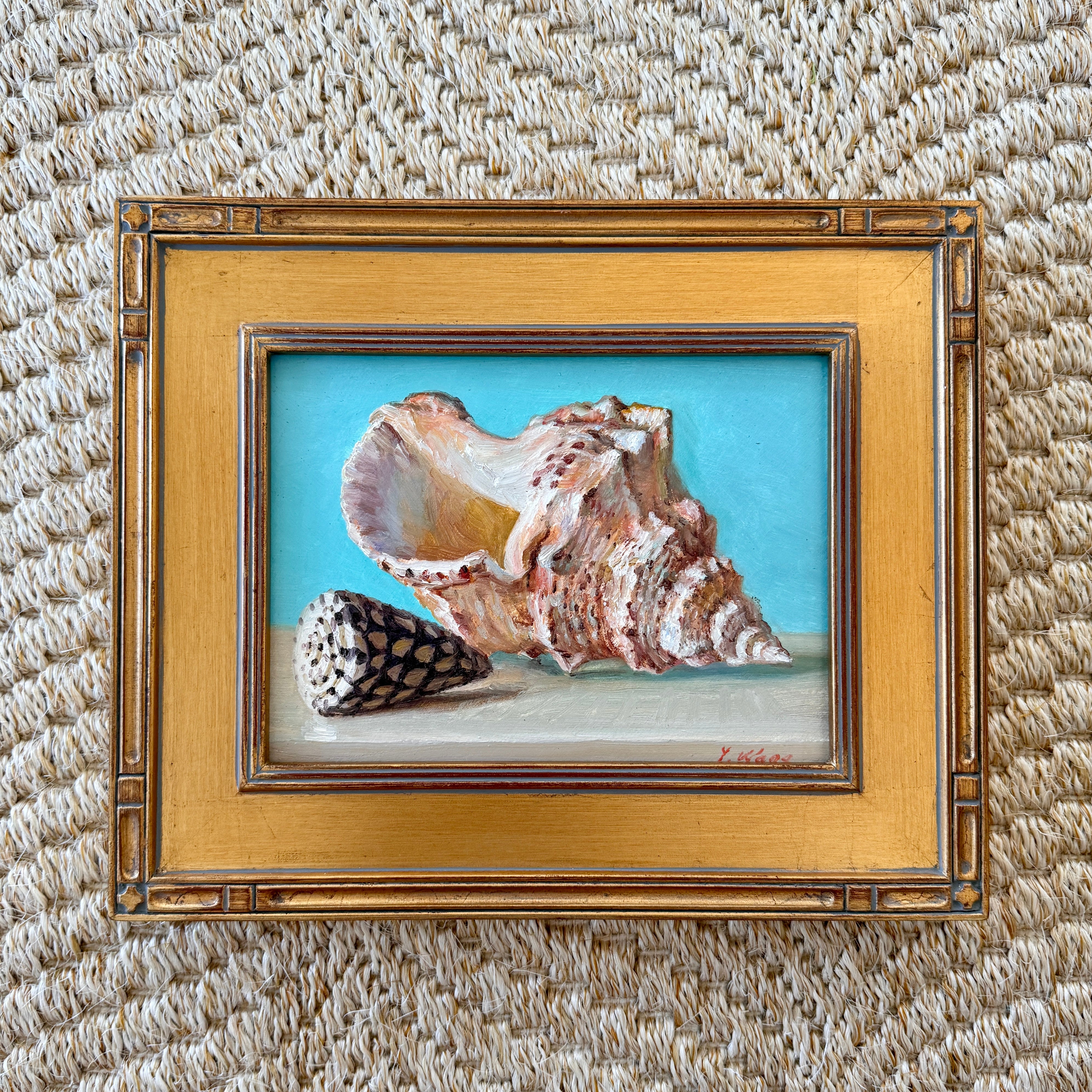 Summer Brights Conch and Cone Shell Still Life Oil Painting in Gold Fr ...