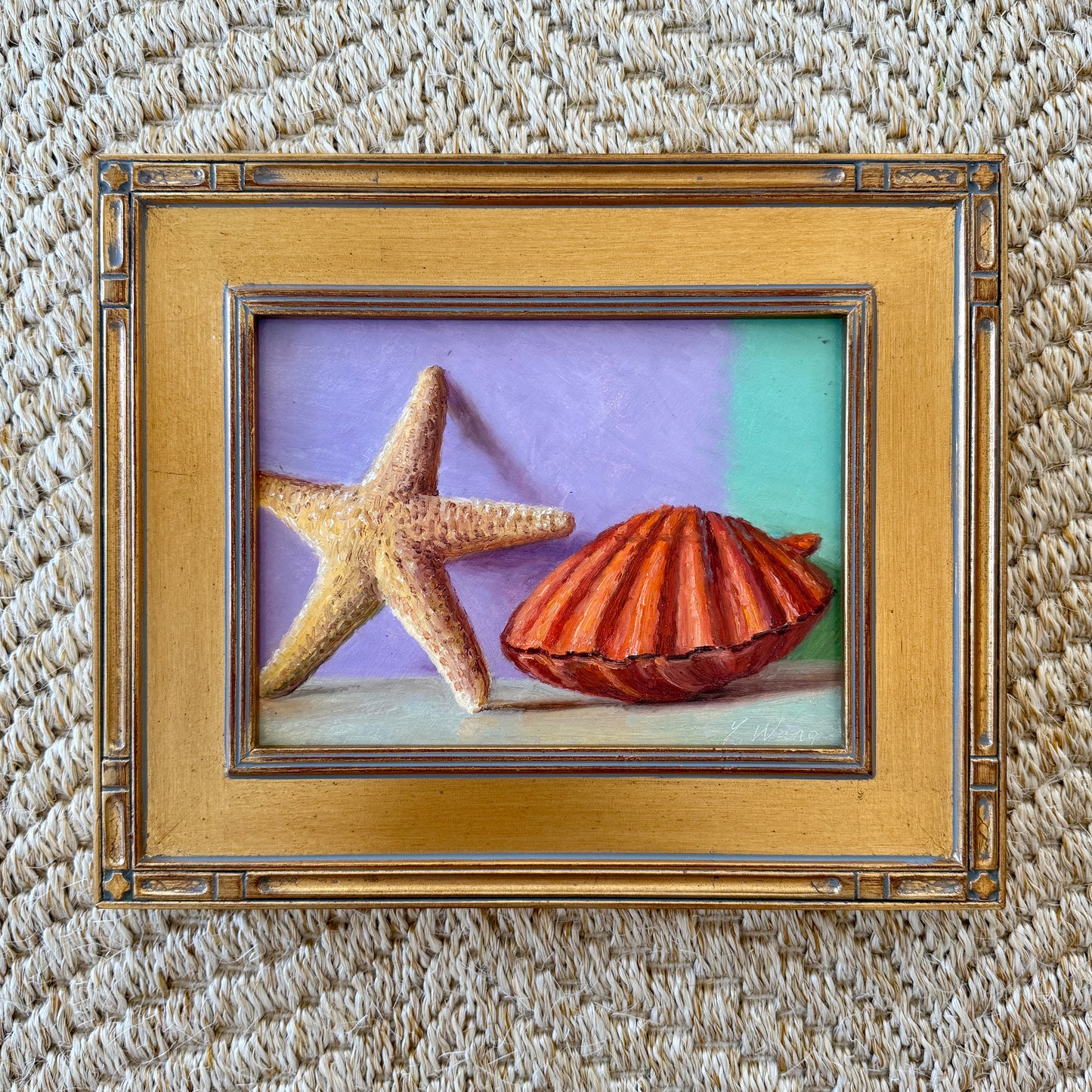 Summer Brights Starfish and Scallop Shell Still Life Oil Painting in Gold Frame