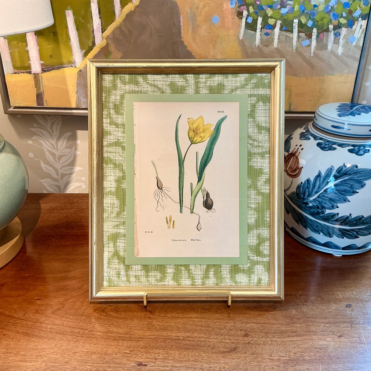 19th Century Yellow Wild Tulip Lithograph on Highland Court Fabric in Gold Frame