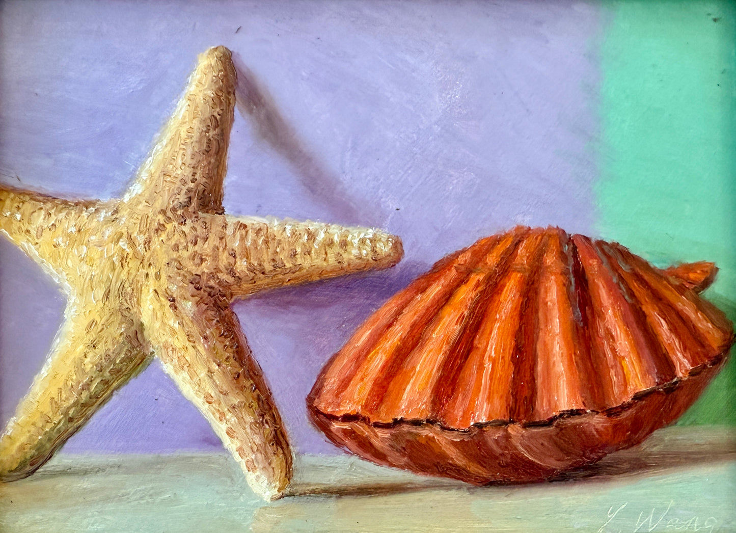 Summer Brights Starfish and Scallop Shell Still Life Oil Painting in Gold Frame