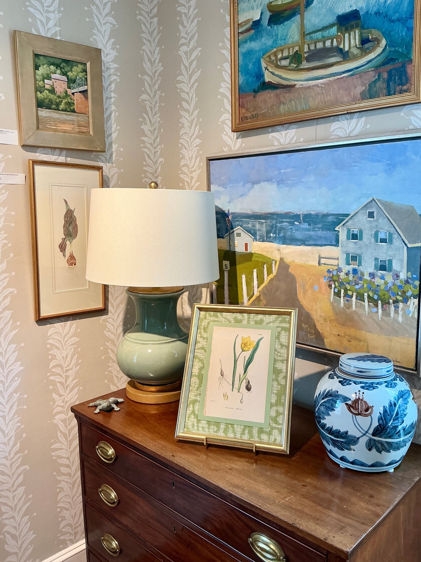 19th Century Yellow Wild Tulip Lithograph on Highland Court Fabric in Gold Frame
