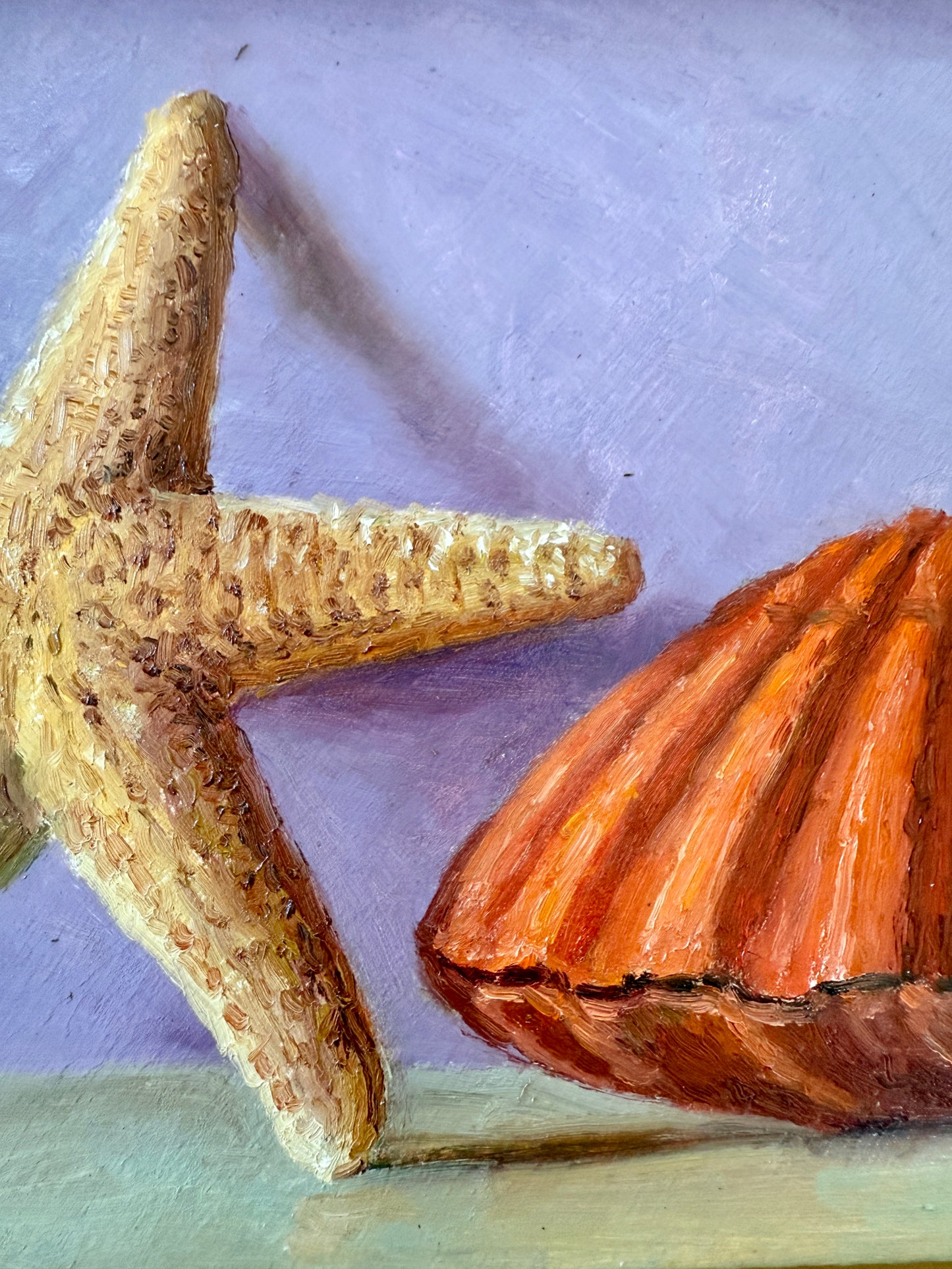 Summer Brights Starfish and Scallop Shell Still Life Oil Painting in Gold Frame