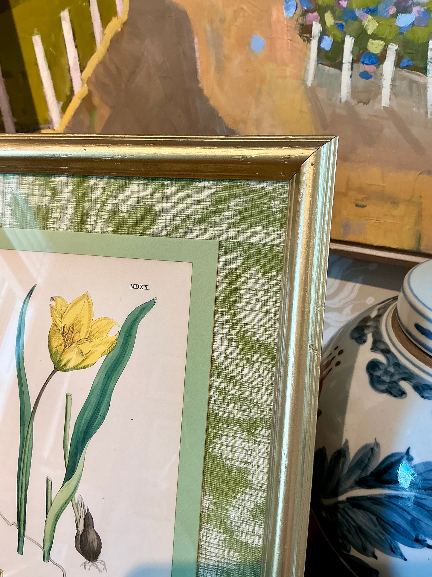 19th Century Yellow Wild Tulip Lithograph on Highland Court Fabric in Gold Frame