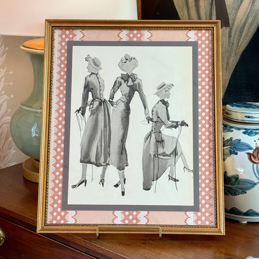 Catherine Figart Vogue Watercolor Fashion Illustration on Pink Scallops in Vintage Gold Frame