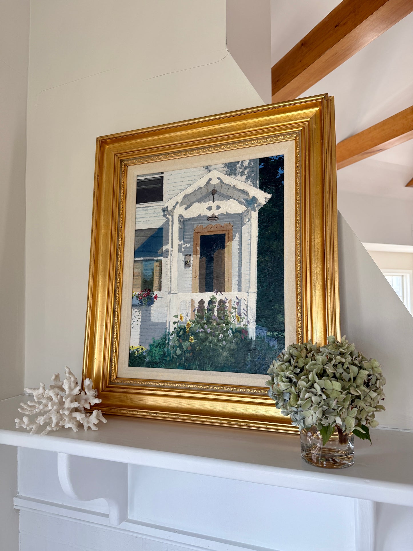 Terry LaMar Front Porch - Late Summer, Maine House Portrait Oil Painting in Gold Frame