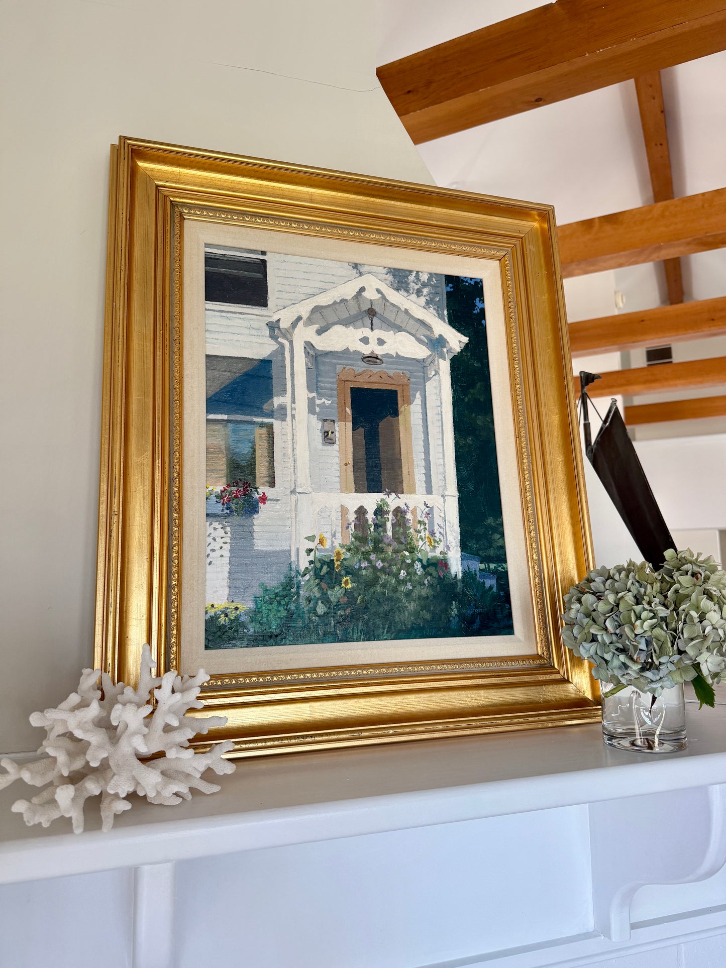 Terry LaMar Front Porch - Late Summer, Maine House Portrait Oil Painting in Gold Frame