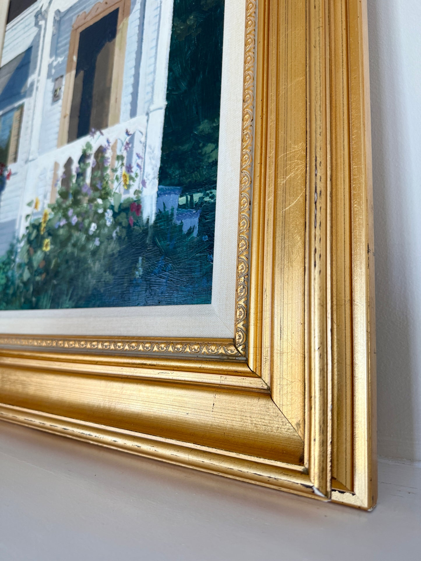 Terry LaMar Front Porch - Late Summer, Maine House Portrait Oil Painting in Gold Frame