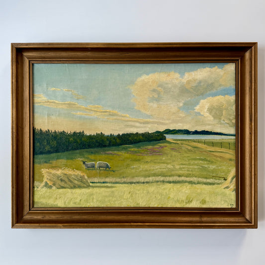 1933 Coastal Farm Landscape with Sheep Oil Painting in Gold Frame
