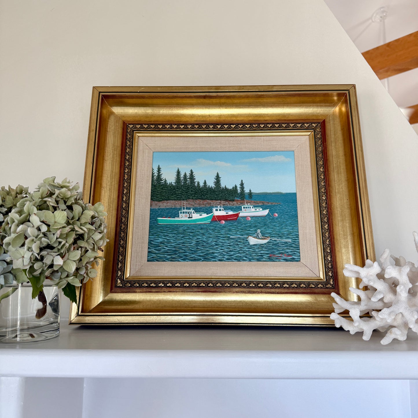 William Beebe Three Lobster Boats in Maine Seascape Oil Painting in Gold Frame