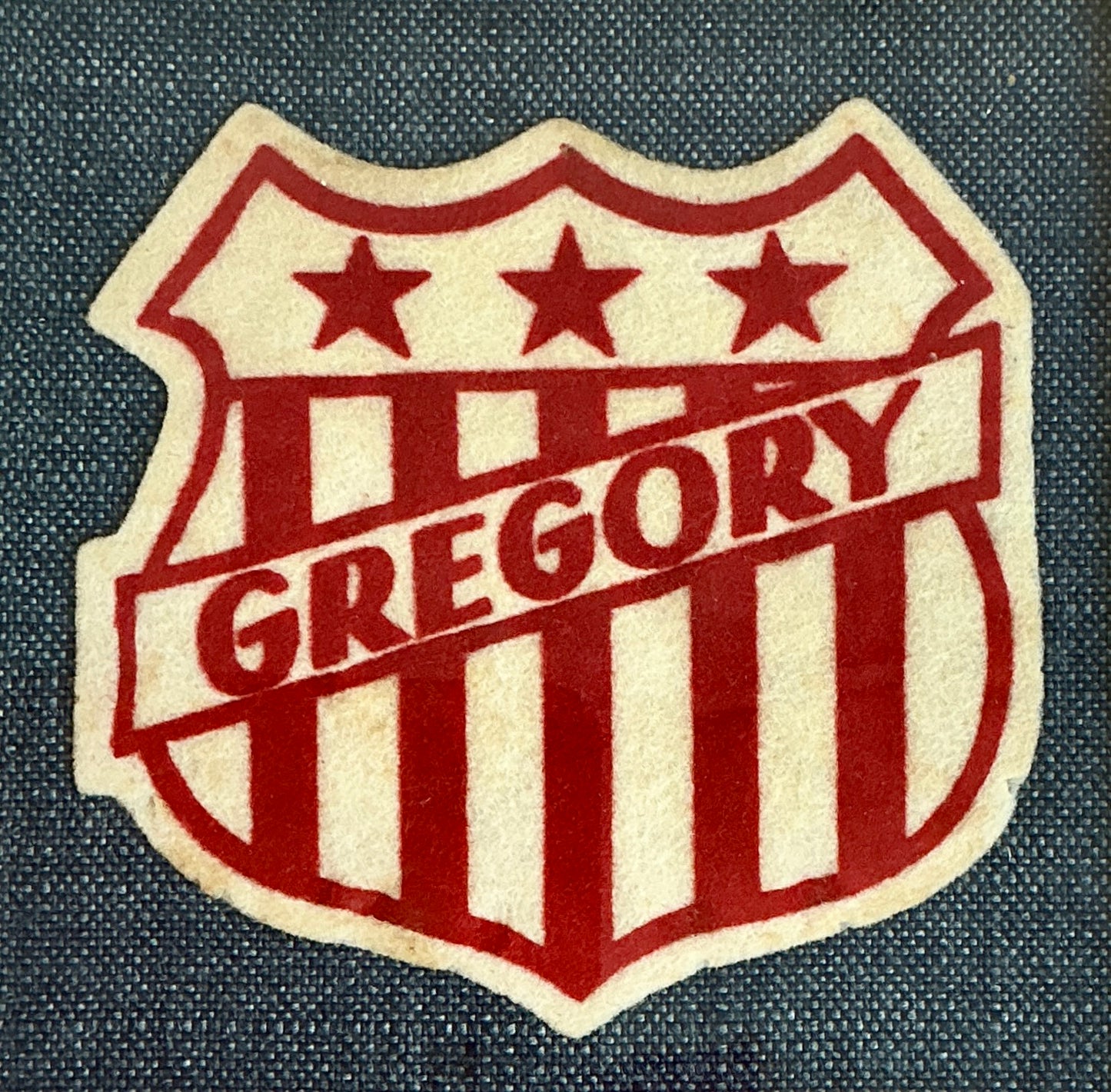 Vintage Varsity Jacket Gregory Name Patch on Dark Chambray in Gold Frame