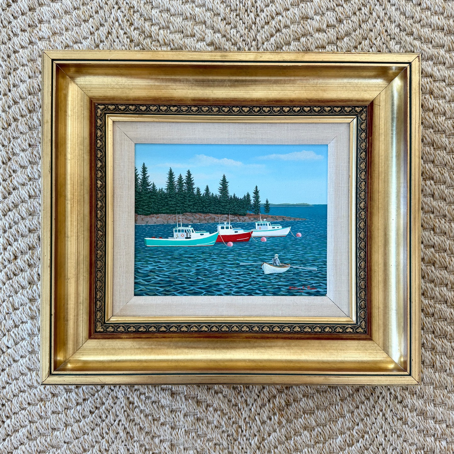 William Beebe Three Lobster Boats in Maine Seascape Oil Painting in Gold Frame