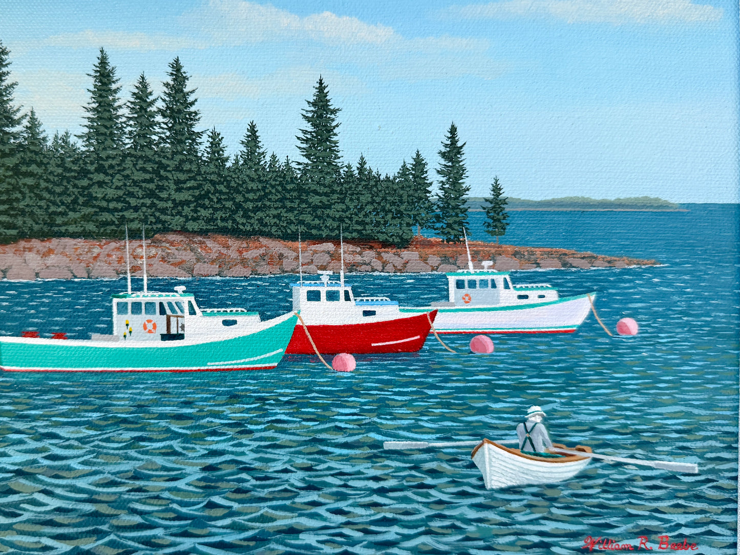 William Beebe Three Lobster Boats in Maine Seascape Oil Painting in Gold Frame