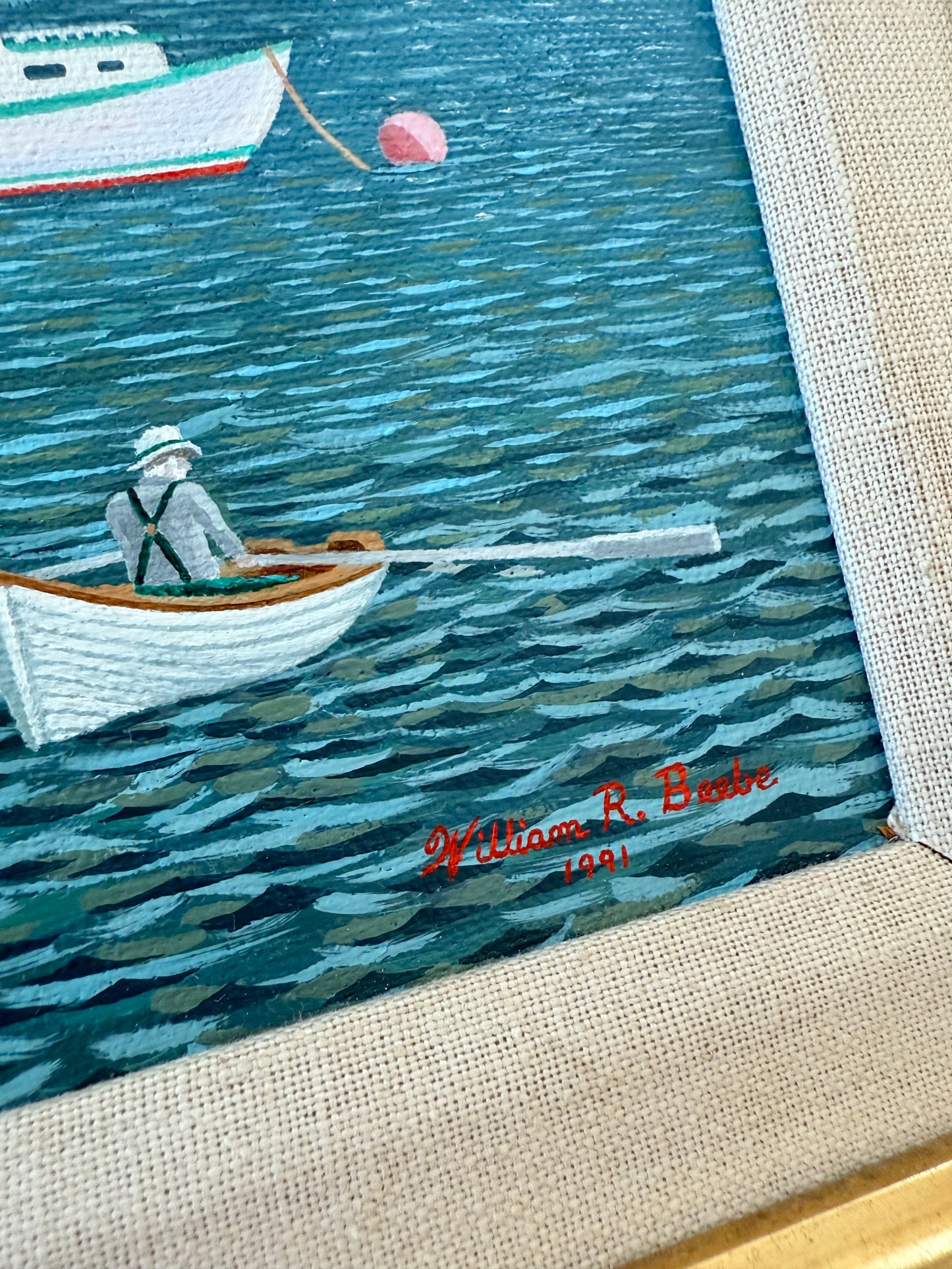 William Beebe Three Lobster Boats in Maine Seascape Oil Painting in Gold Frame