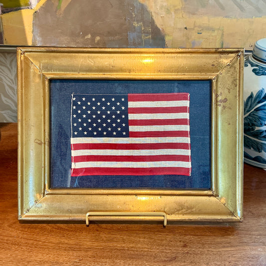 Vintage 50 Star American Flag on Dark Chambray in Vintage Gold Metal Frame
