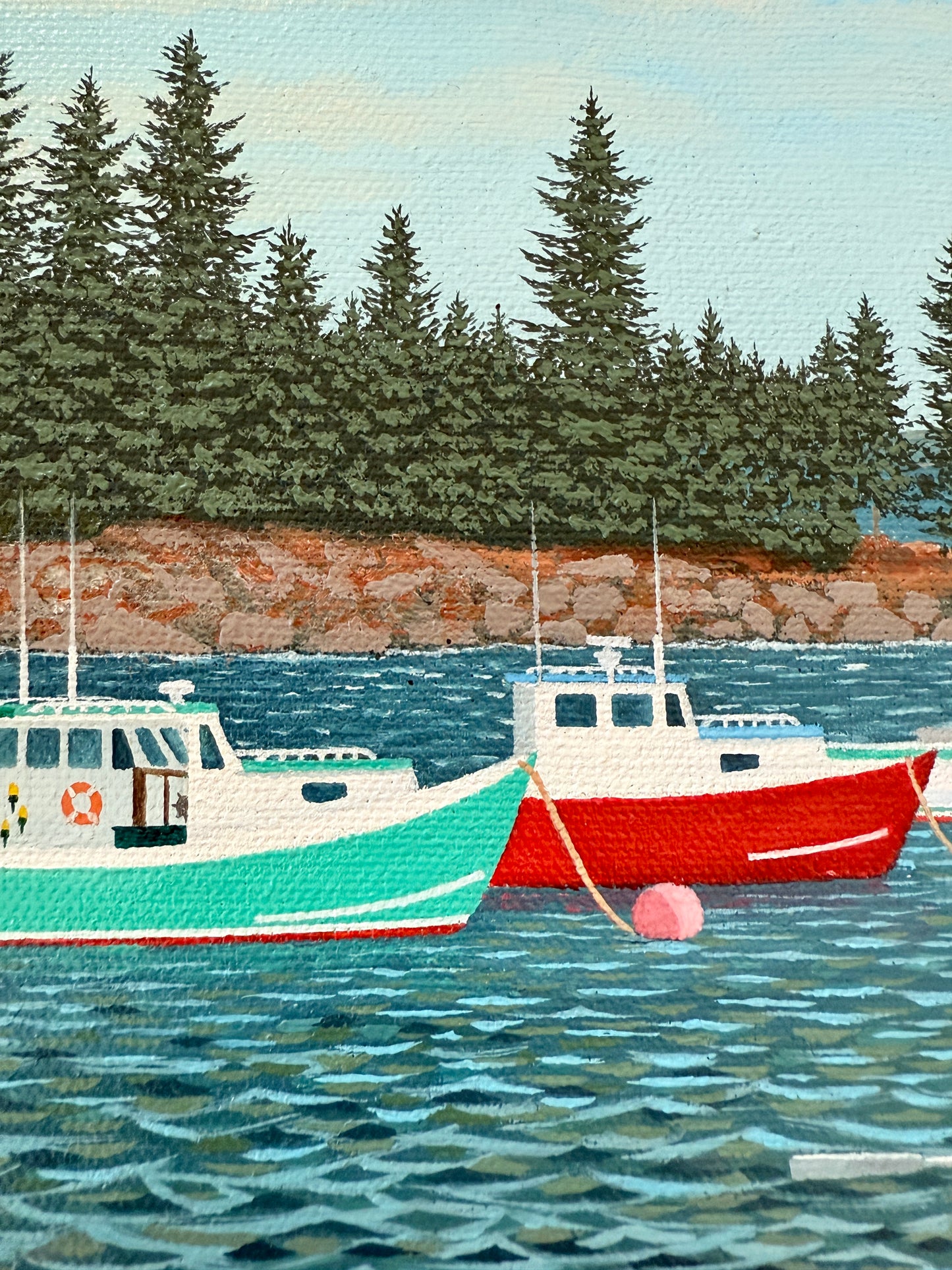 William Beebe Three Lobster Boats in Maine Seascape Oil Painting in Gold Frame