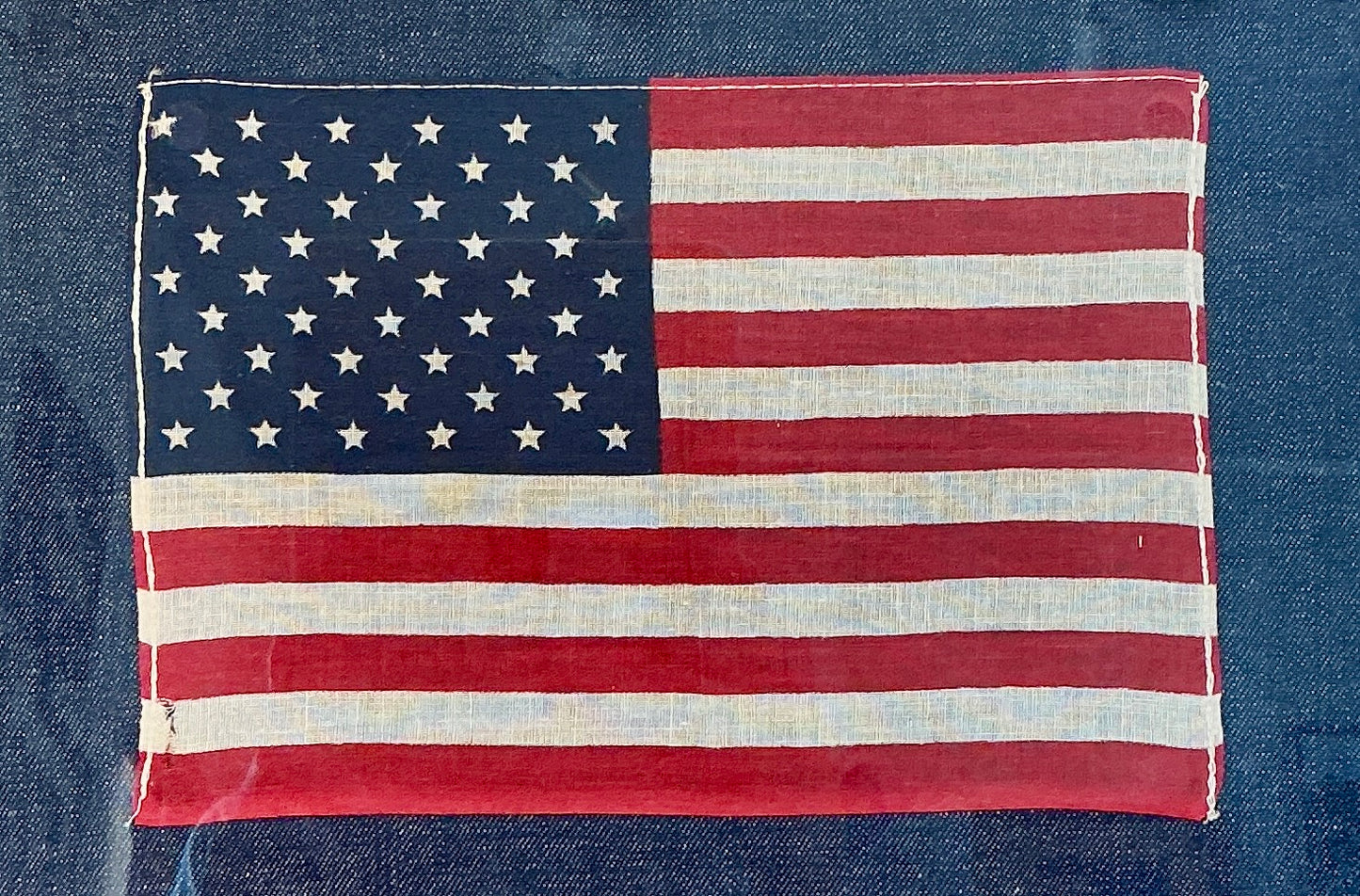 Vintage 50 Star American Flag on Dark Chambray in Vintage Gold Metal Frame