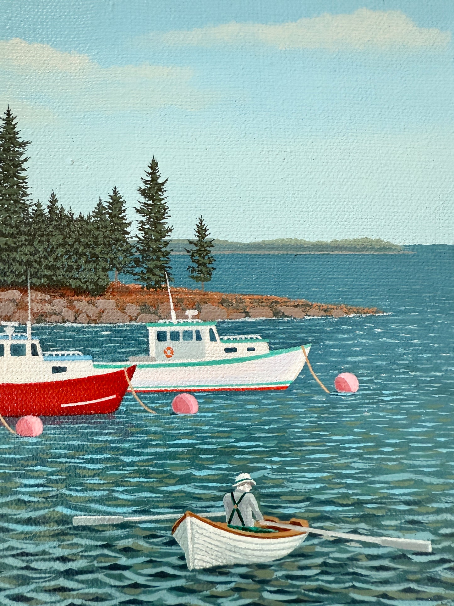 William Beebe Three Lobster Boats in Maine Seascape Oil Painting in Gold Frame