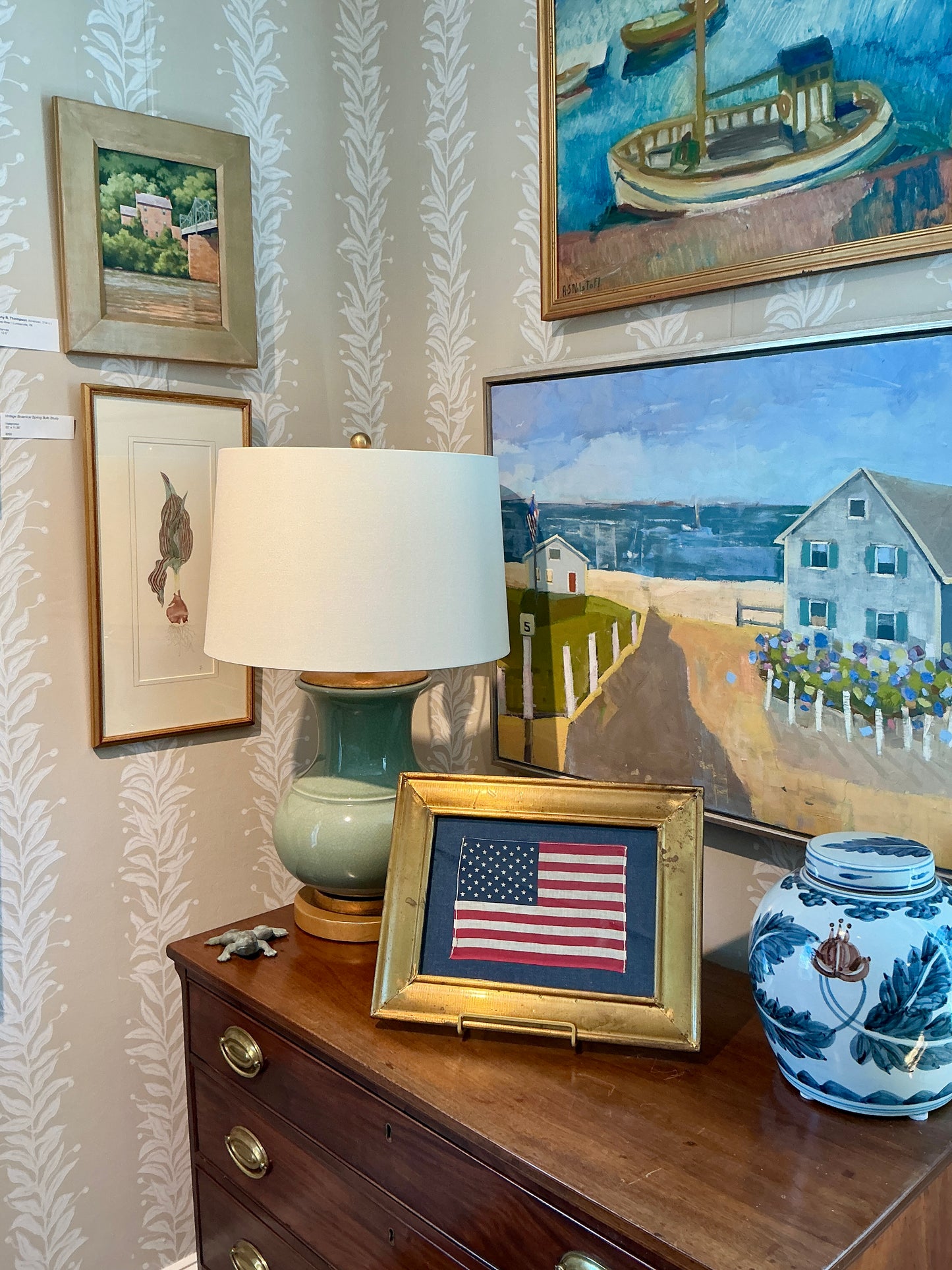 Vintage 50 Star American Flag on Dark Chambray in Vintage Gold Metal Frame