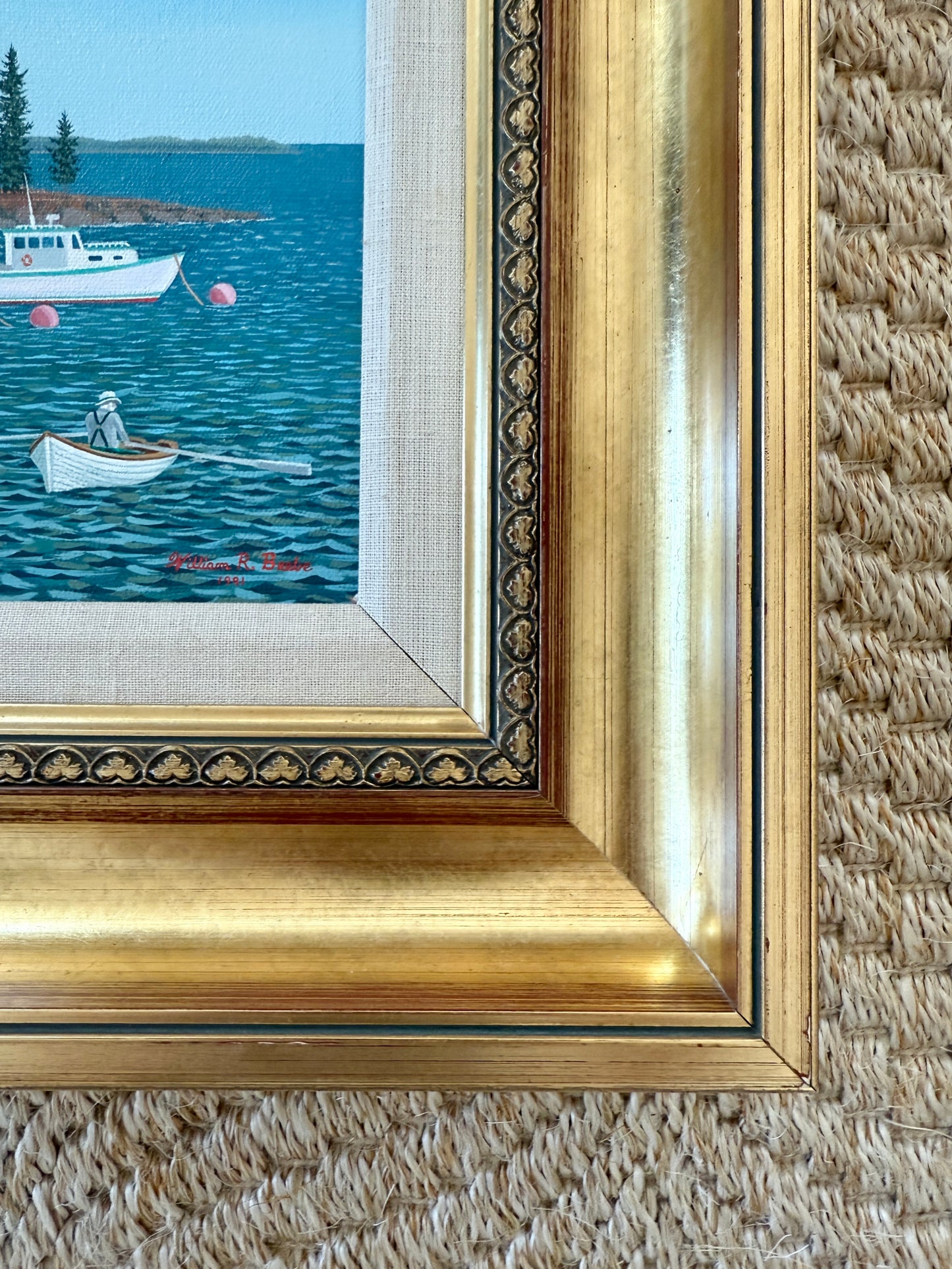 William Beebe Three Lobster Boats in Maine Seascape Oil Painting in Gold Frame