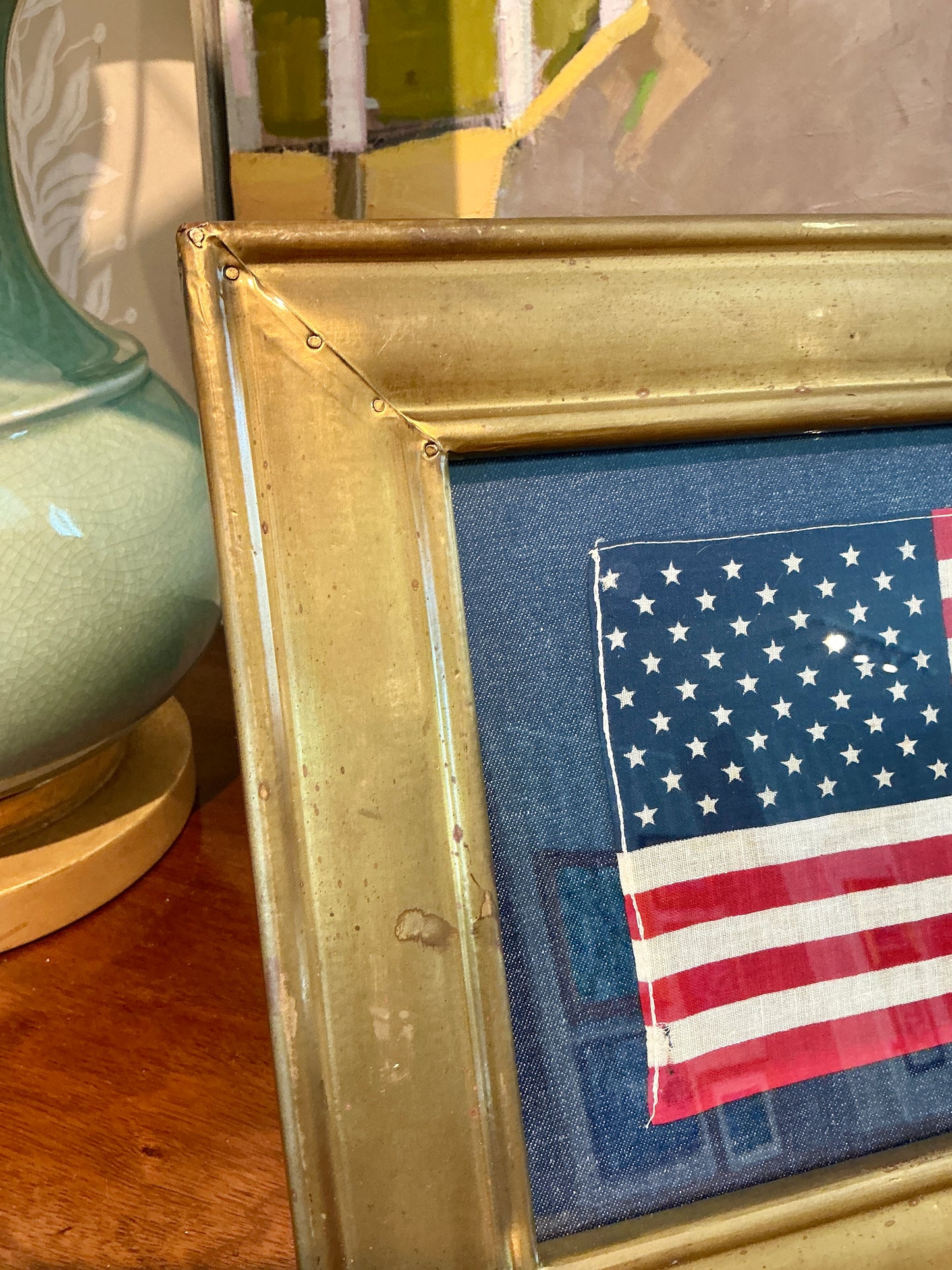 Vintage 50 Star American Flag on Dark Chambray in Vintage Gold Metal Frame
