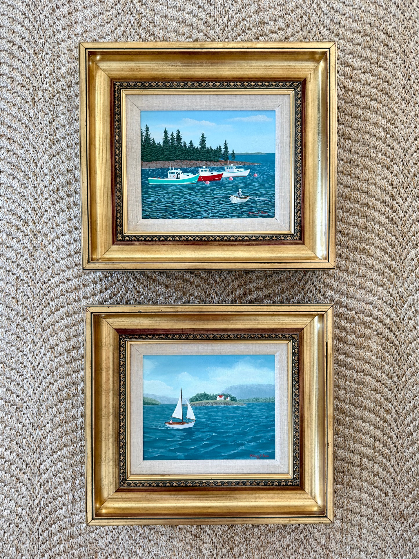 William Beebe Three Lobster Boats in Maine Seascape Oil Painting in Gold Frame