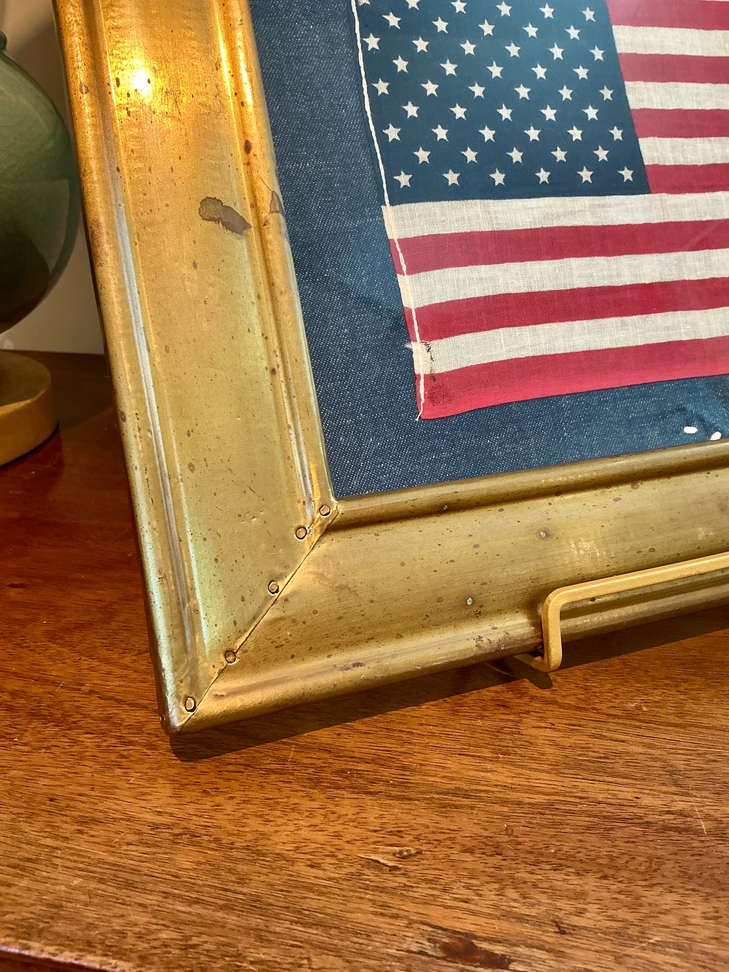 Vintage 50 Star American Flag on Dark Chambray in Vintage Gold Metal Frame