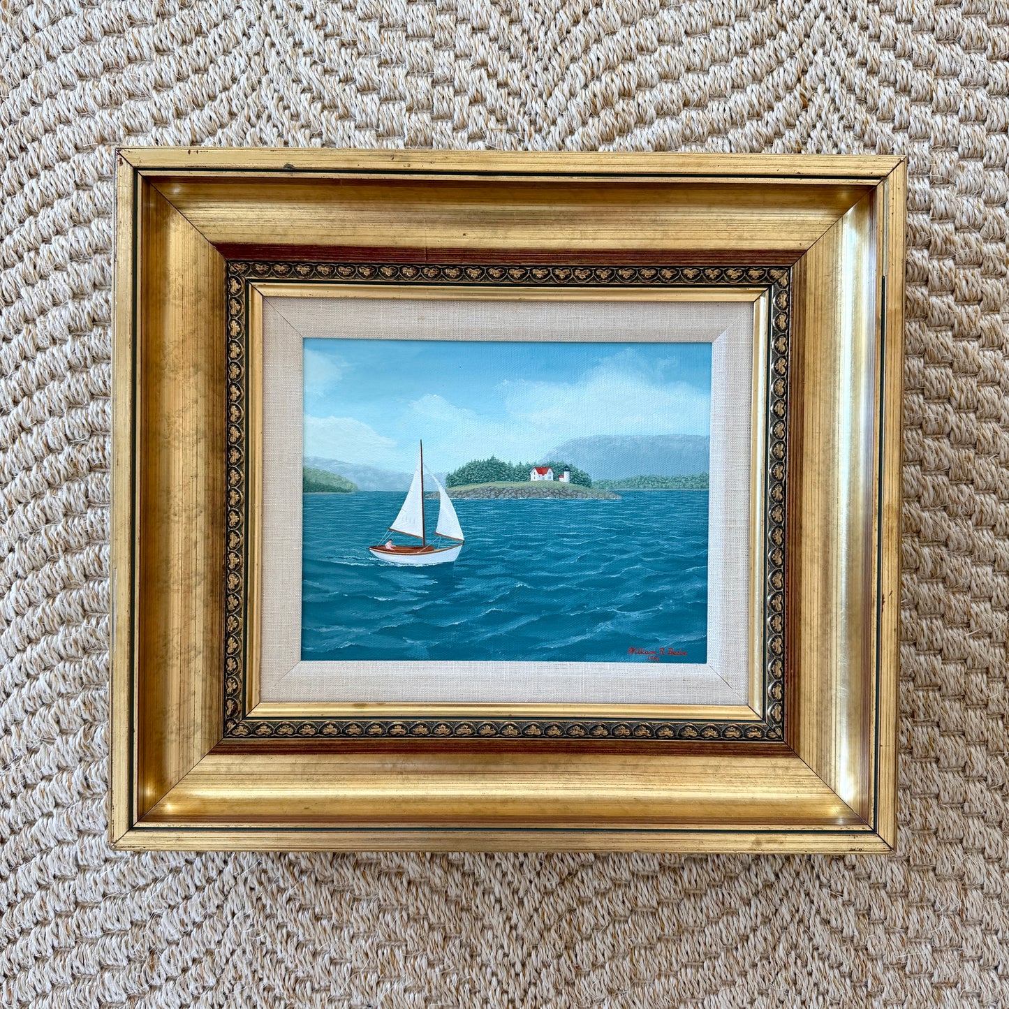 William Beebe Sailboat in Seascape Off Curtis Island Maine Oil Painting in Gold Frame
