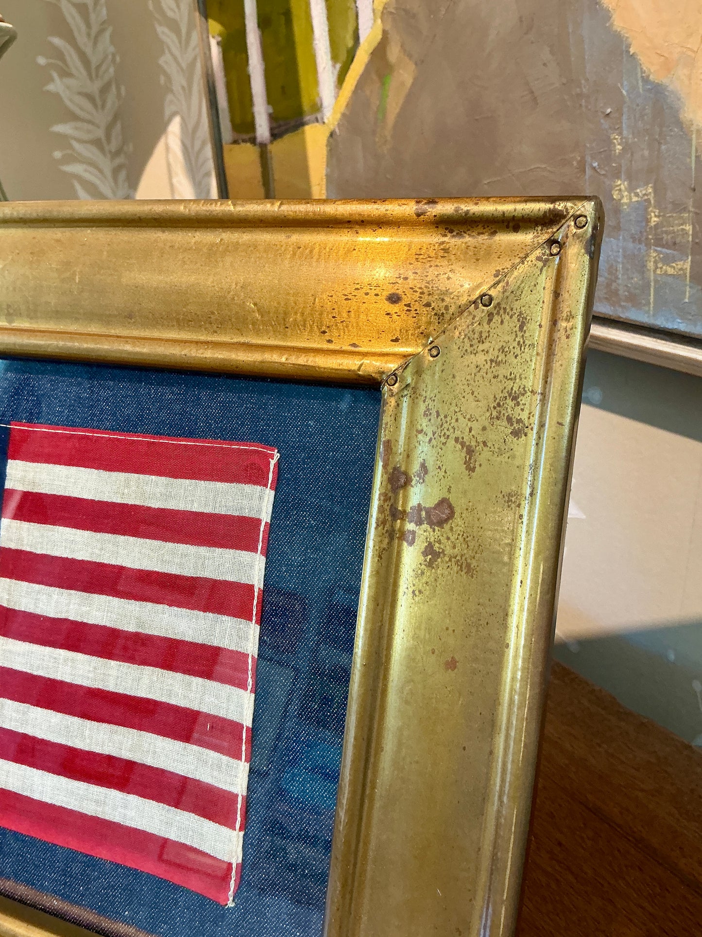 Vintage 50 Star American Flag on Dark Chambray in Vintage Gold Metal Frame
