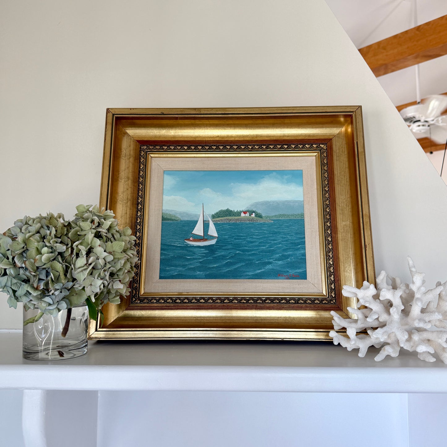 William Beebe Sailboat in Seascape Off Curtis Island Maine Oil Painting in Gold Frame