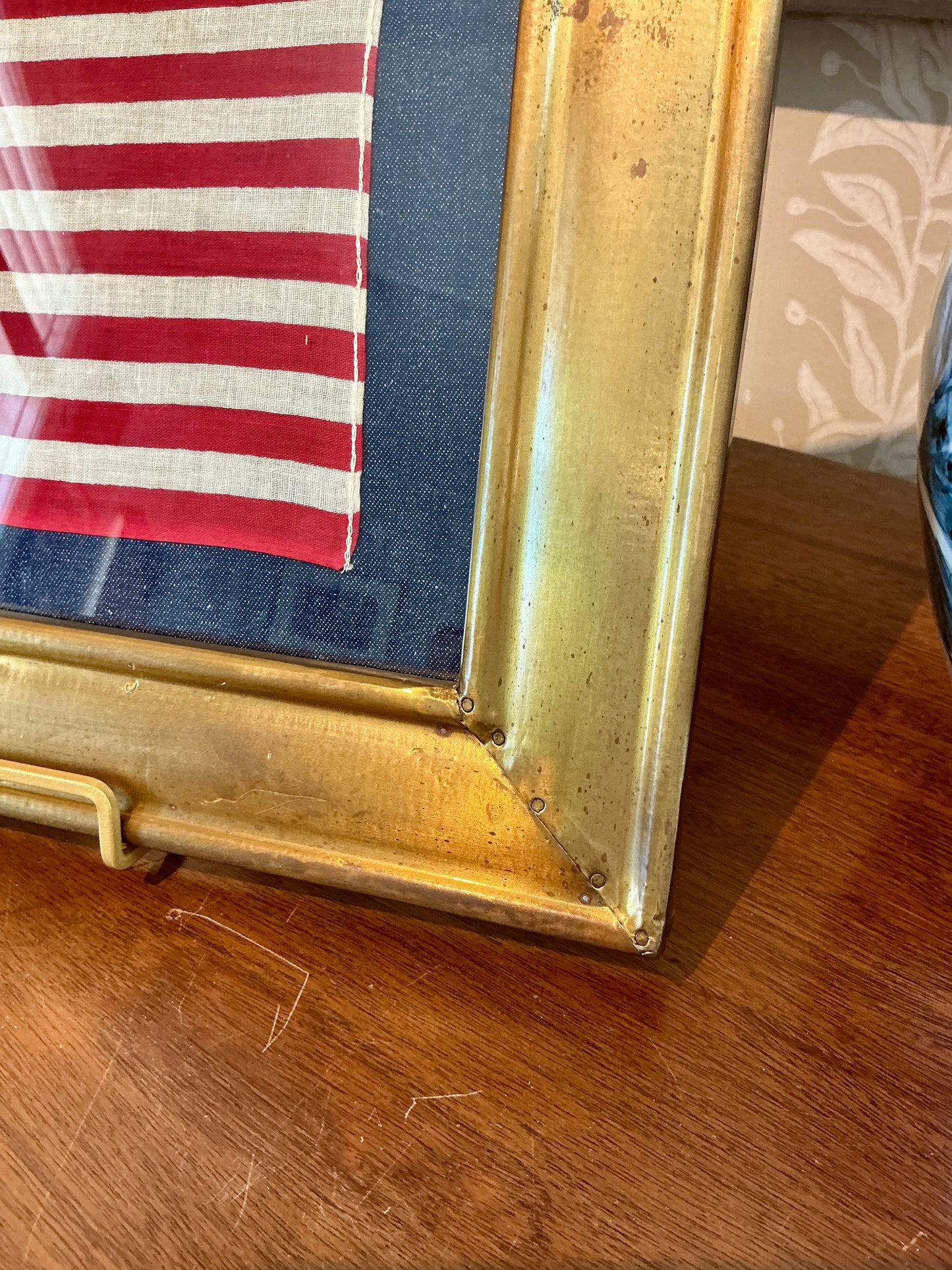 Vintage 50 Star American Flag on Dark Chambray in Vintage Gold Metal Frame