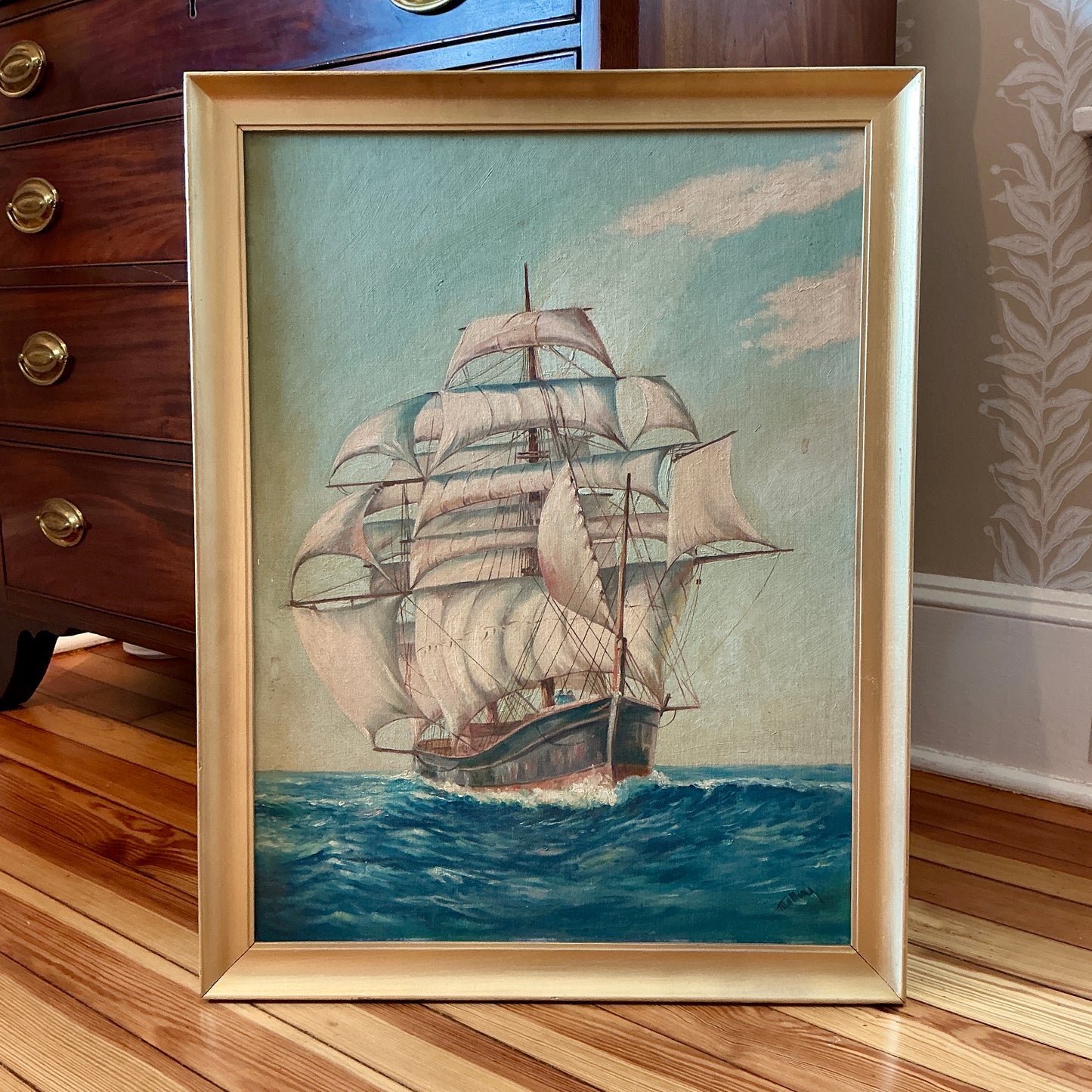 Vintage Sailboat Sail Ship Portrait in Seascape Oil Painting in Gold Frame