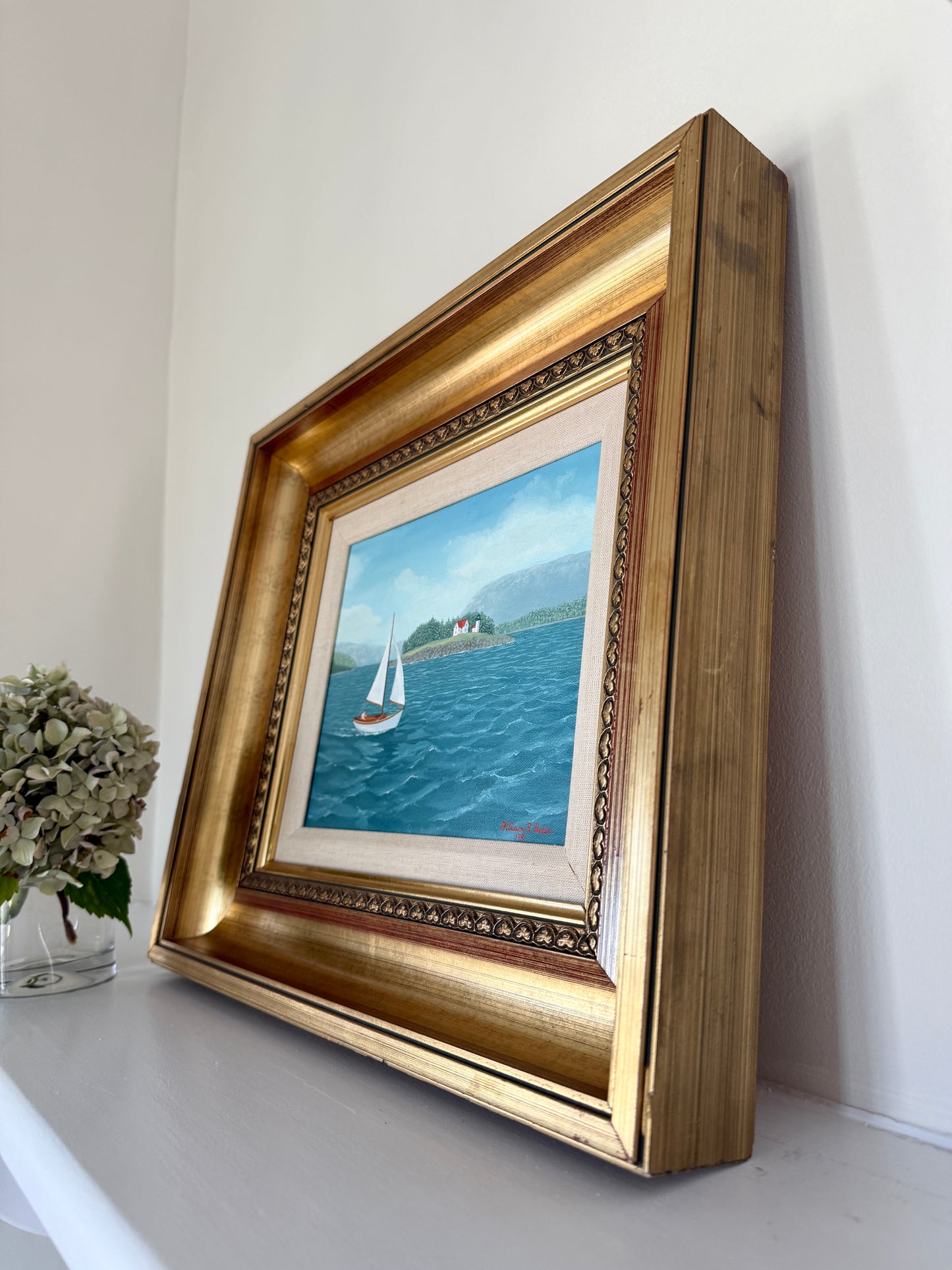 William Beebe Sailboat in Seascape Off Curtis Island Maine Oil Painting in Gold Frame