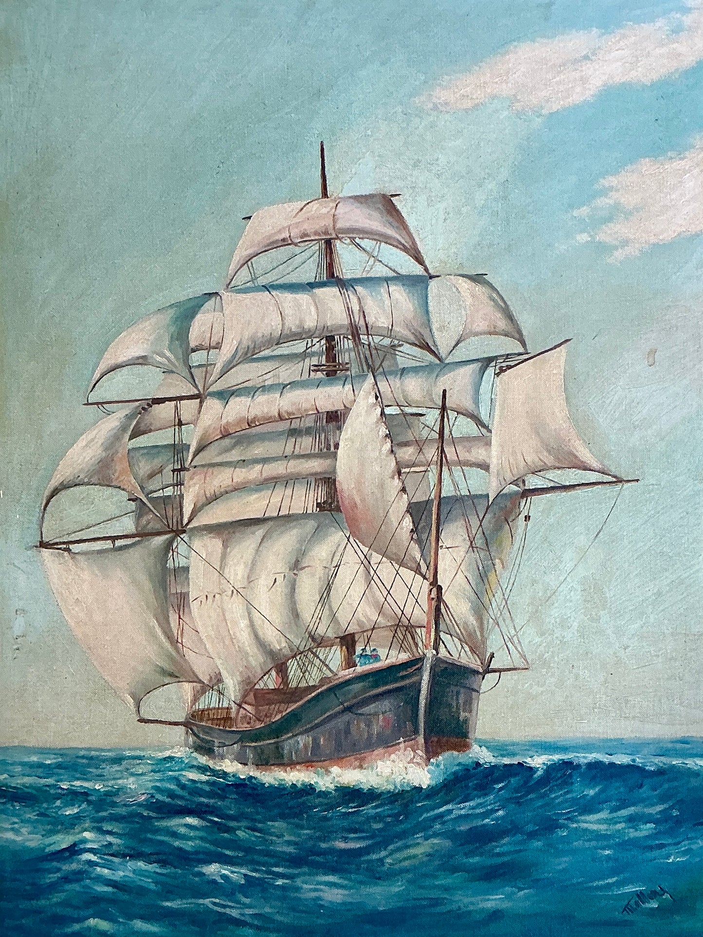 Vintage Sailboat Sail Ship Portrait in Seascape Oil Painting in Gold Frame