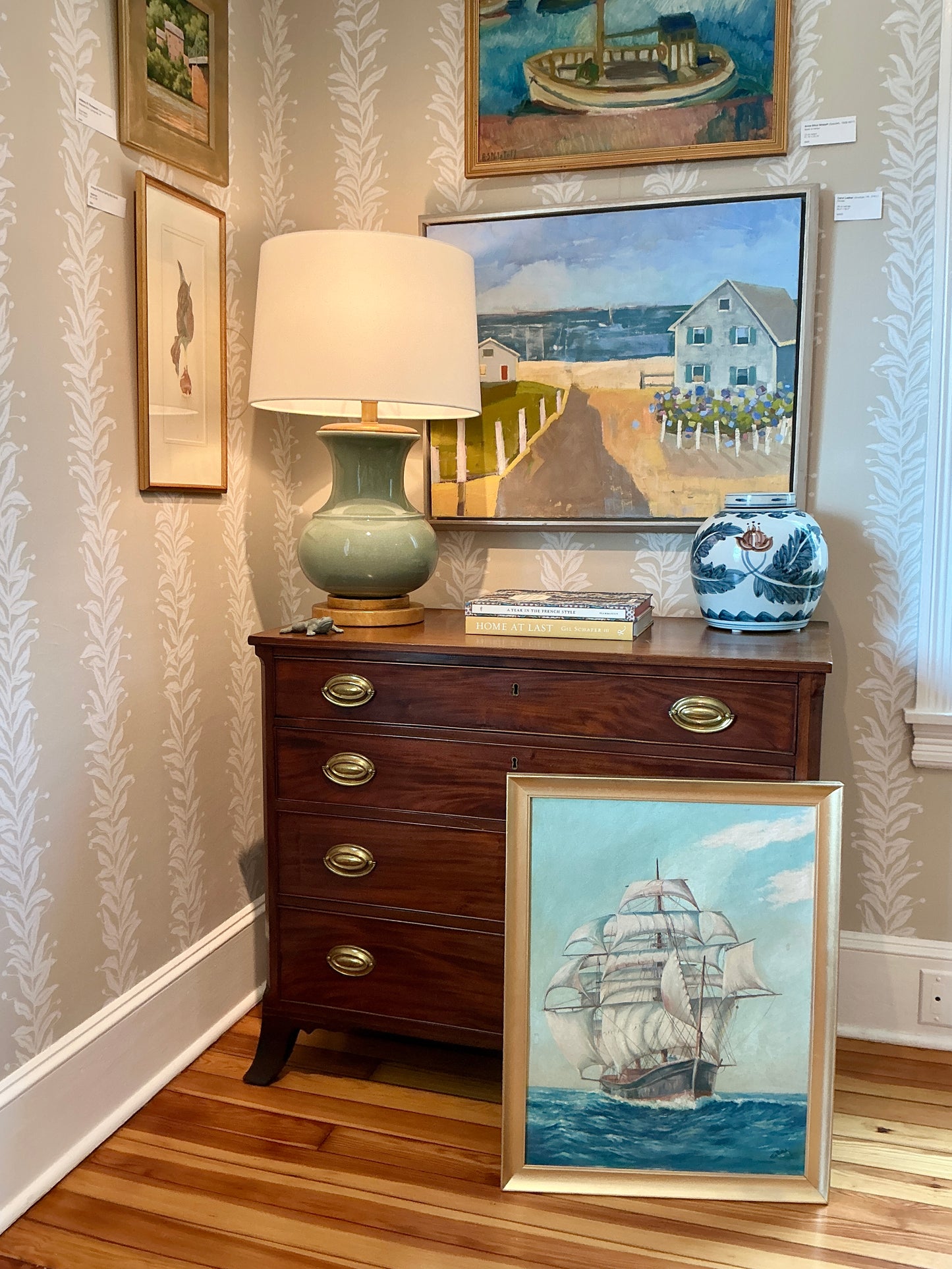 Vintage Sailboat Sail Ship Portrait in Seascape Oil Painting in Gold Frame