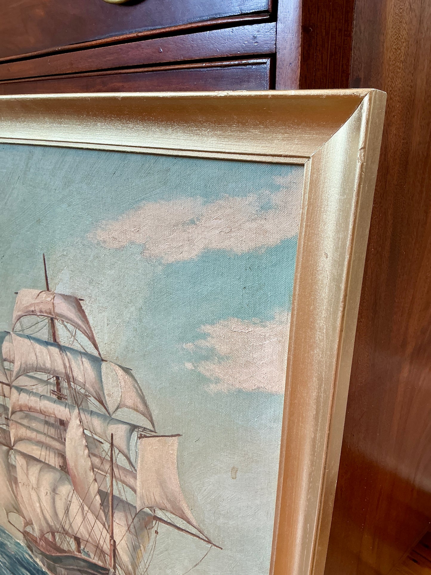 Vintage Sailboat Sail Ship Portrait in Seascape Oil Painting in Gold Frame