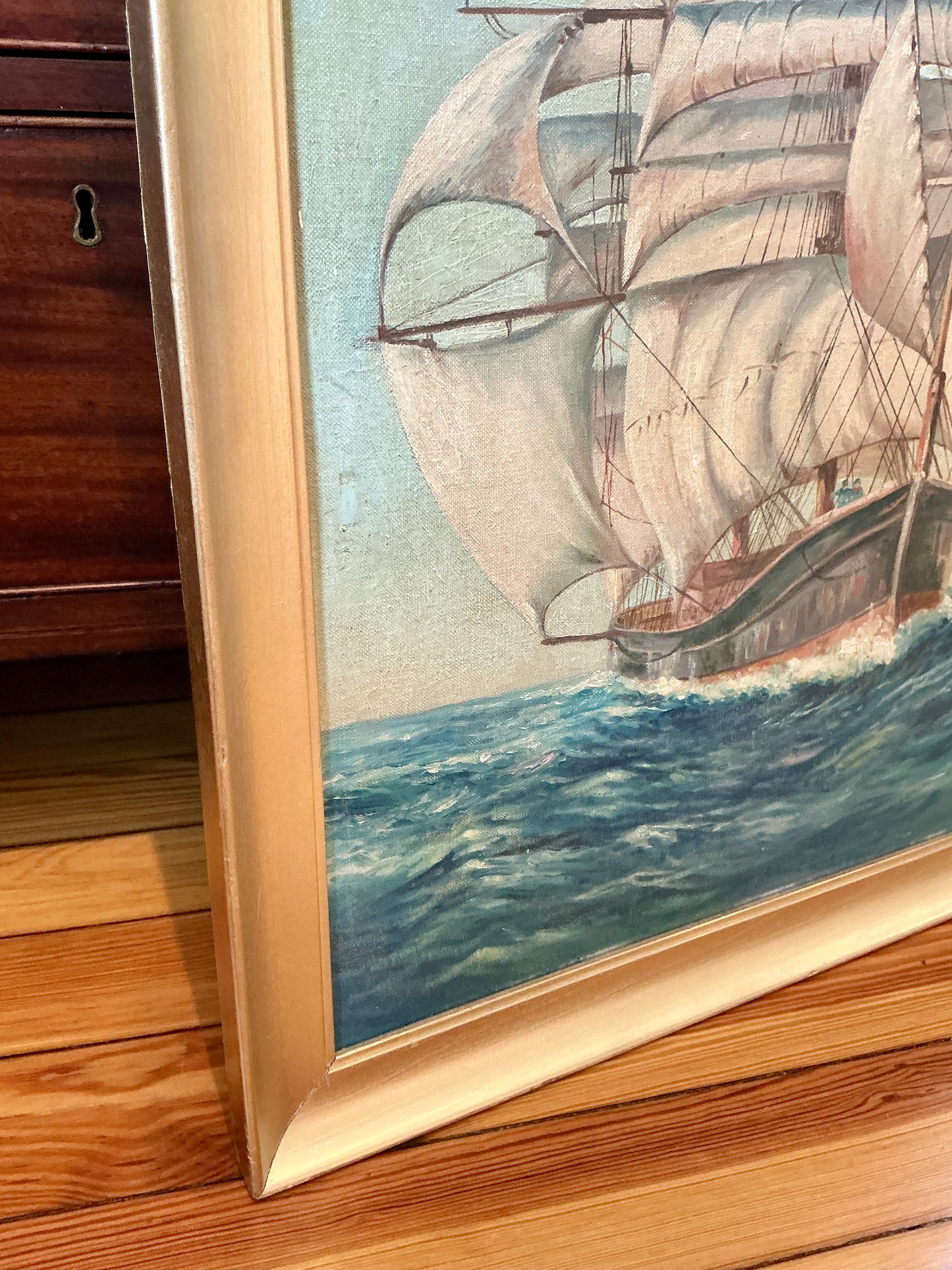 Vintage Sailboat Sail Ship Portrait in Seascape Oil Painting in Gold Frame